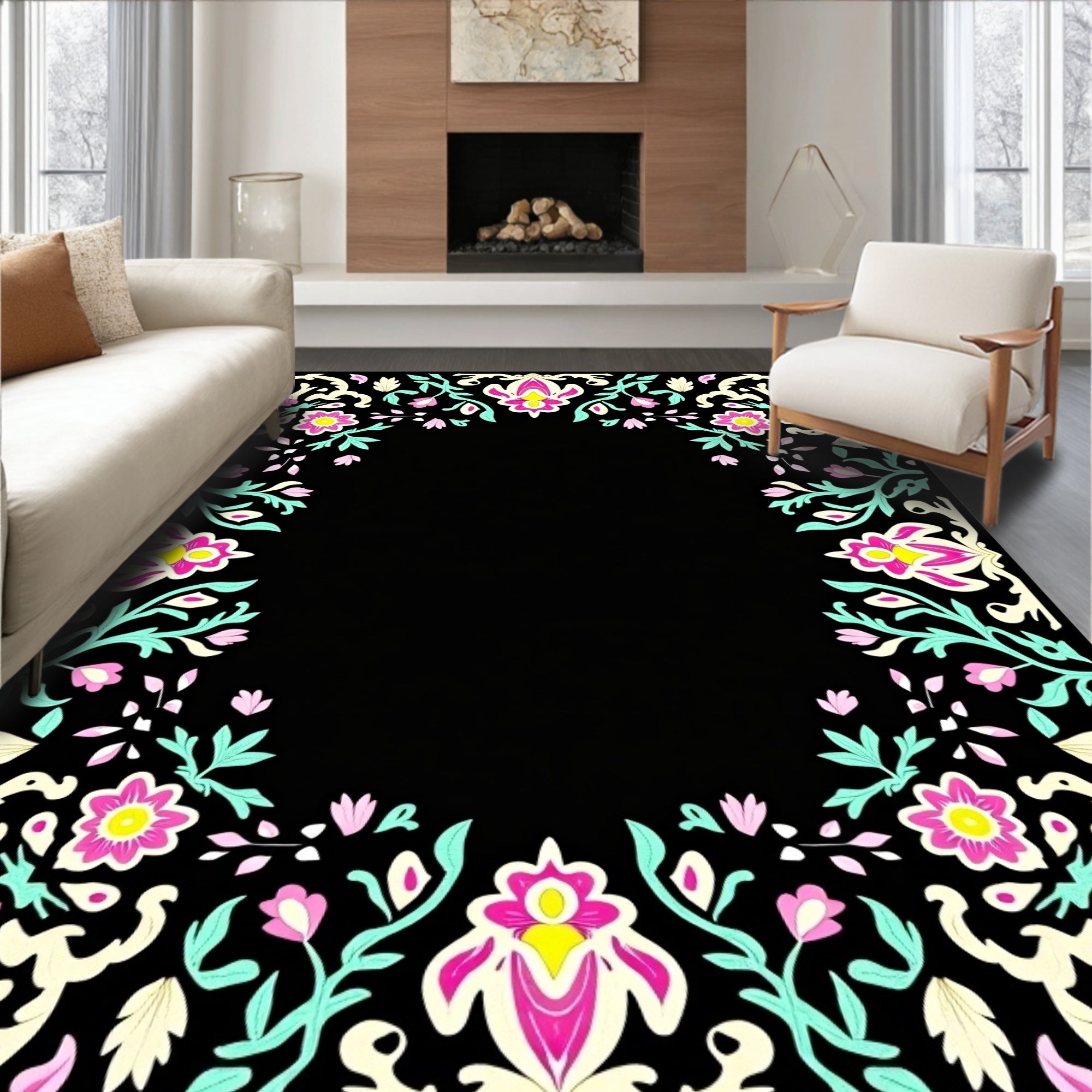 Vibrant Floral Border Pattern Design Rug