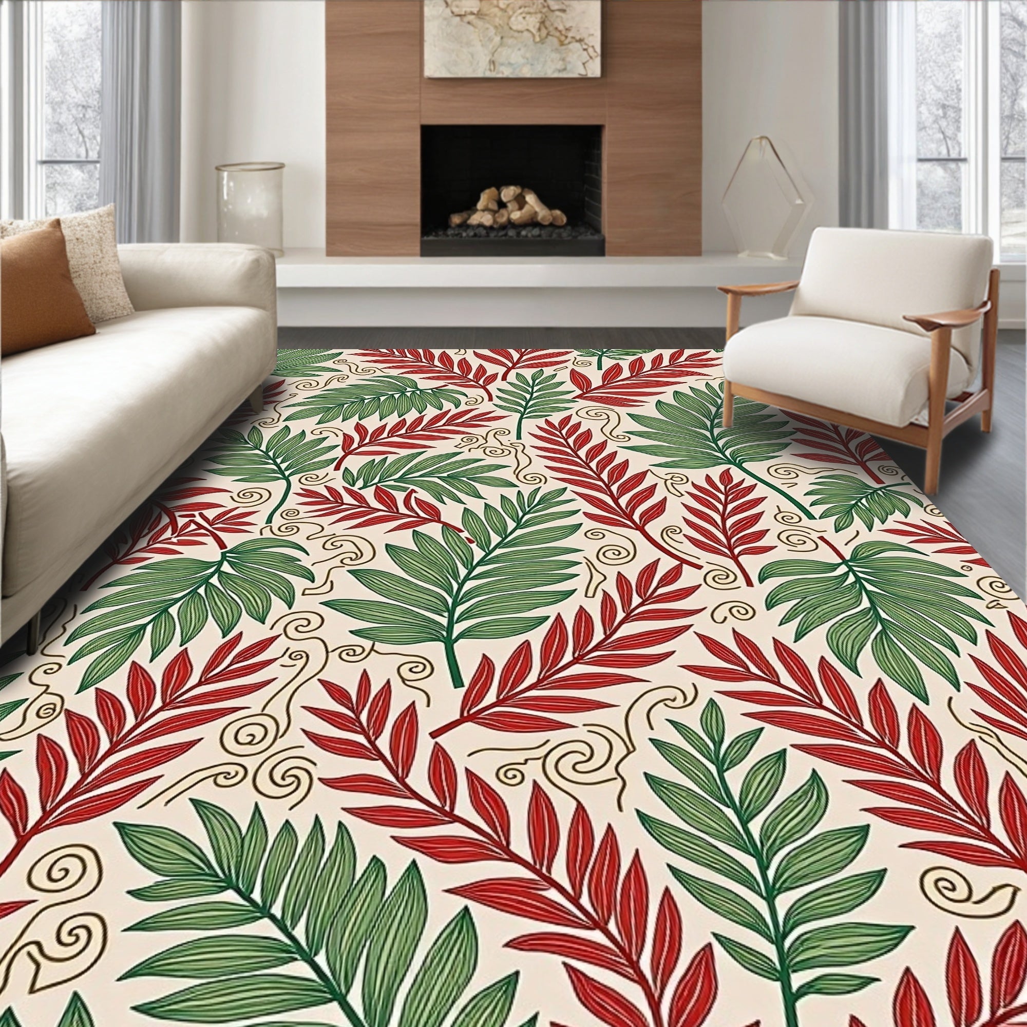 Tropical Leaf Print With Swirls Rug