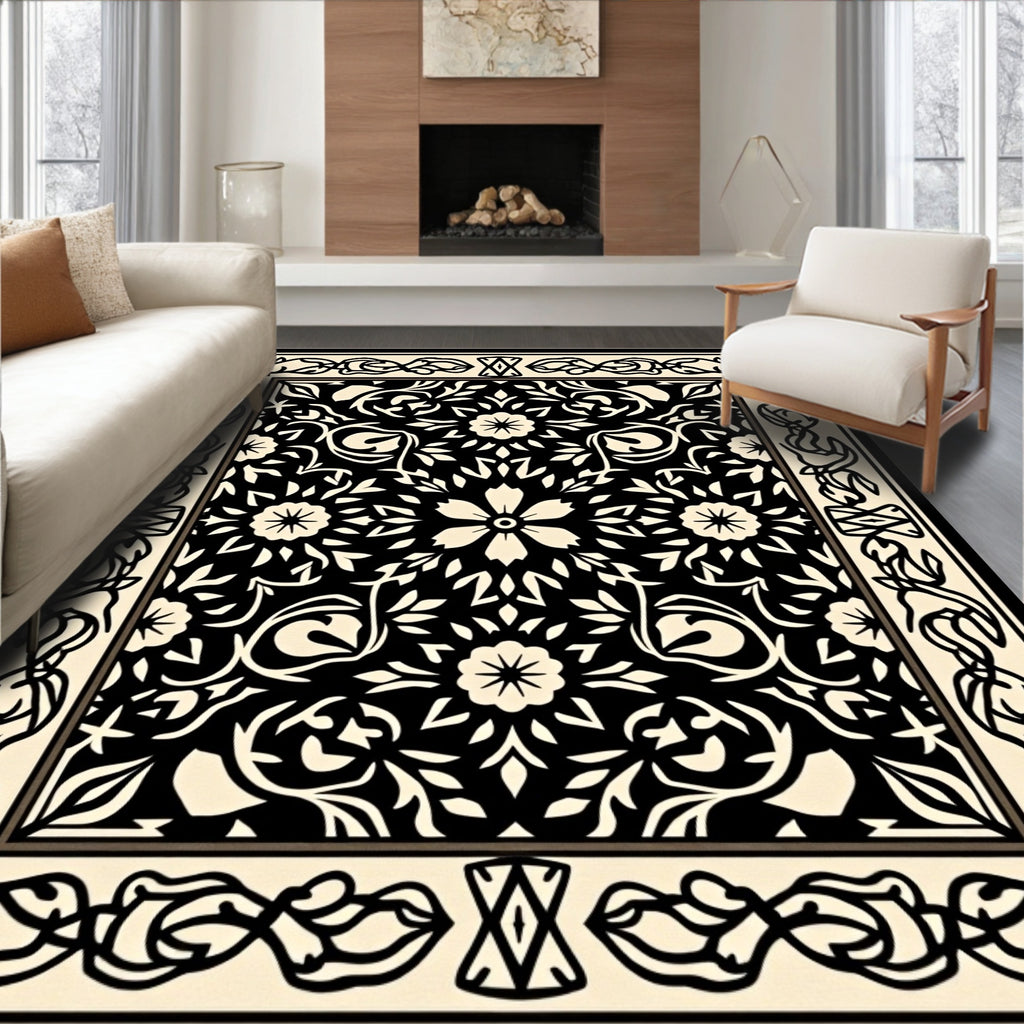 Elegant Black Floral Intricate Design Rug