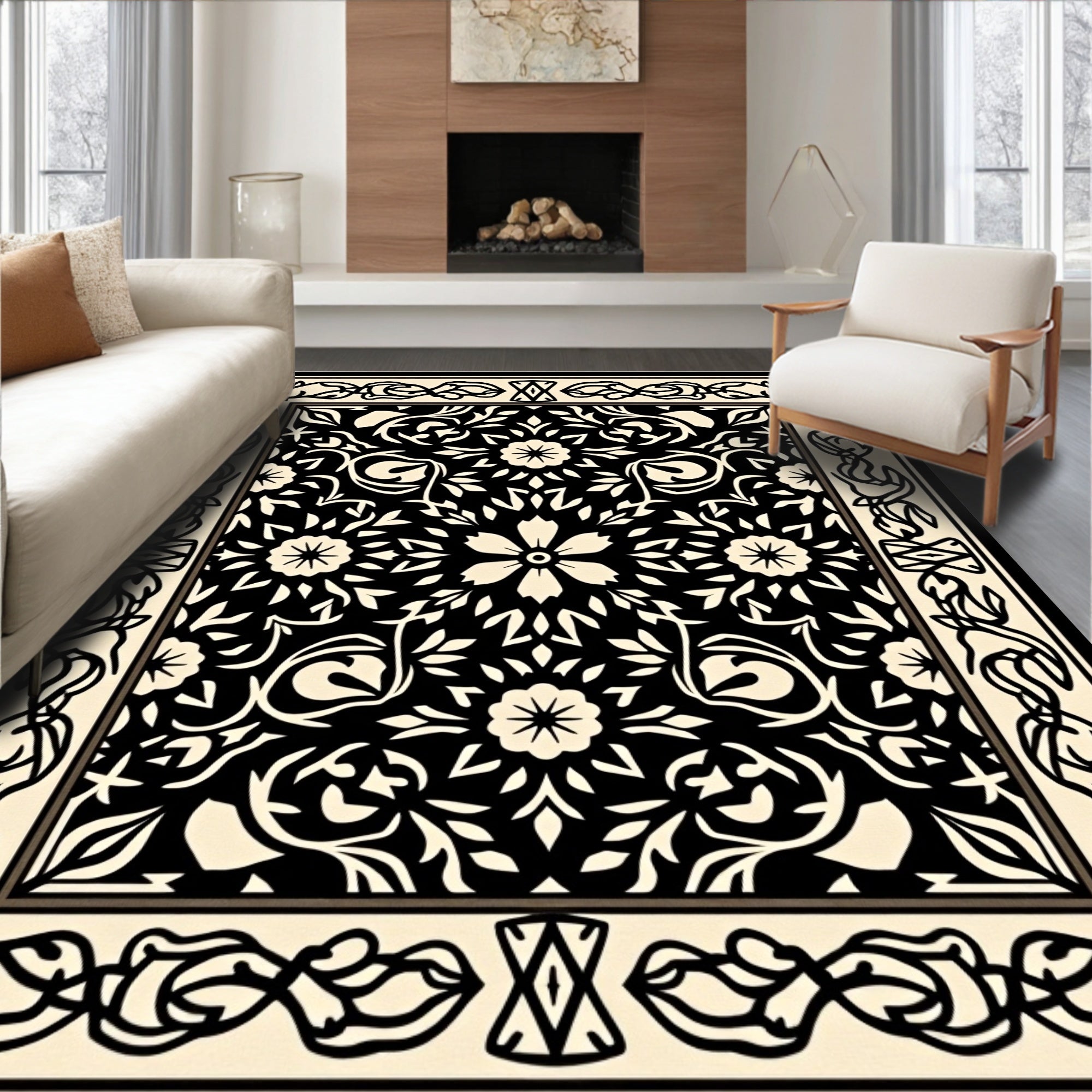 Elegant Black Floral Intricate Design Rug