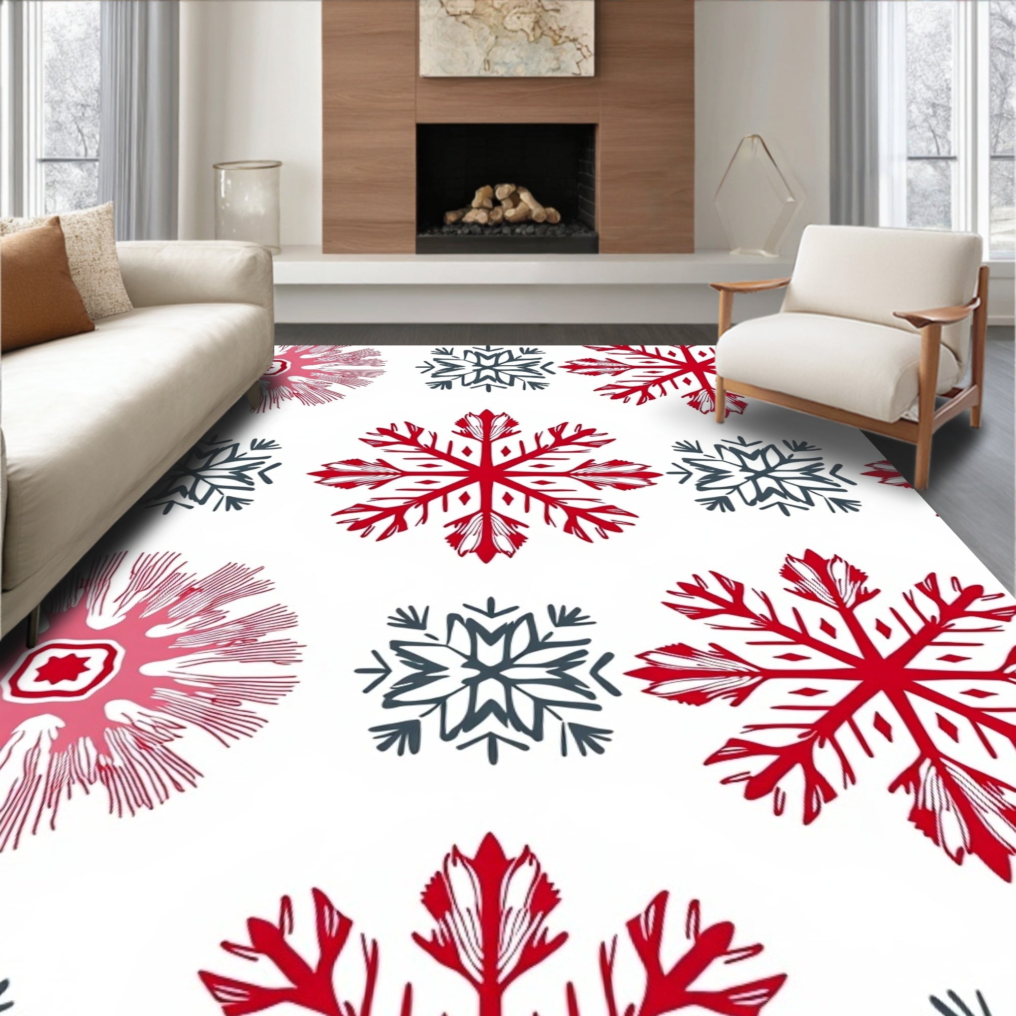 Red Gray Snowflake Holiday Cluster Rug