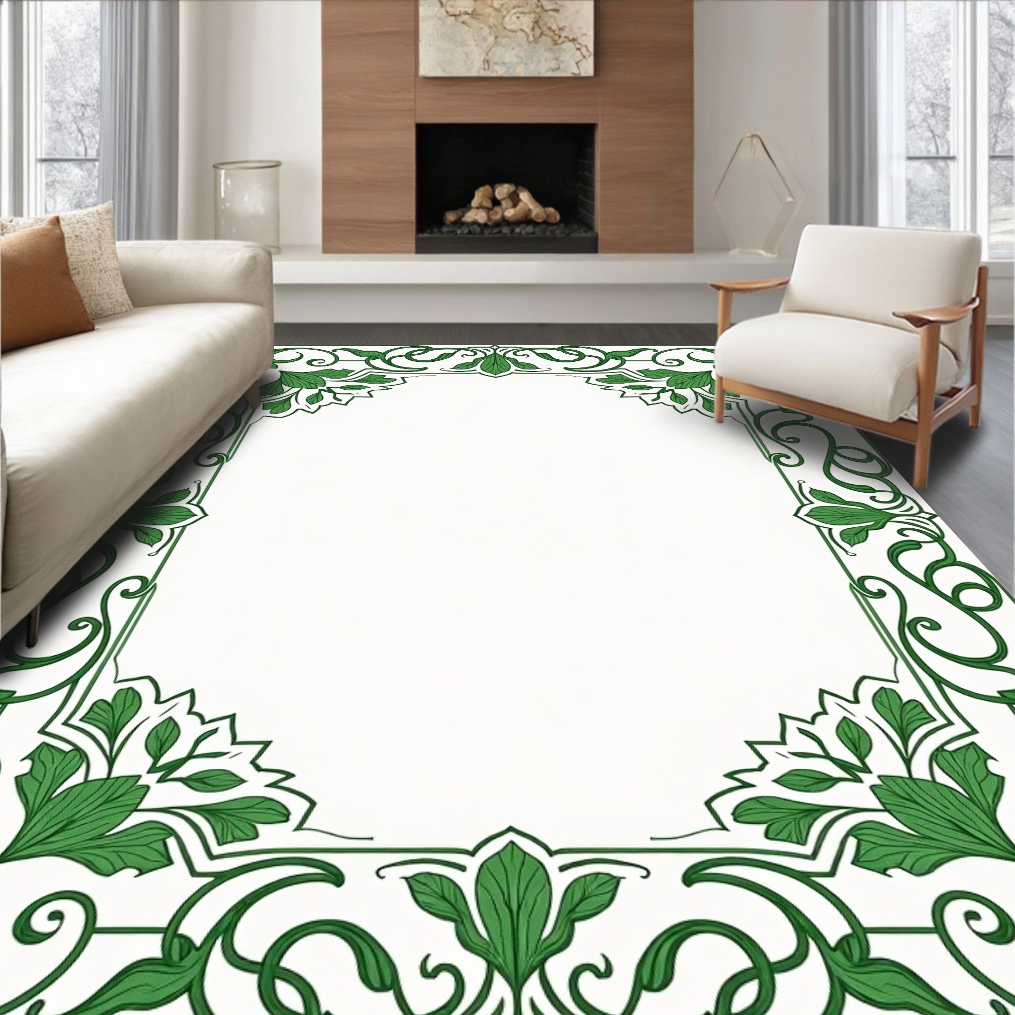 Green Floral Swirls Border Rug