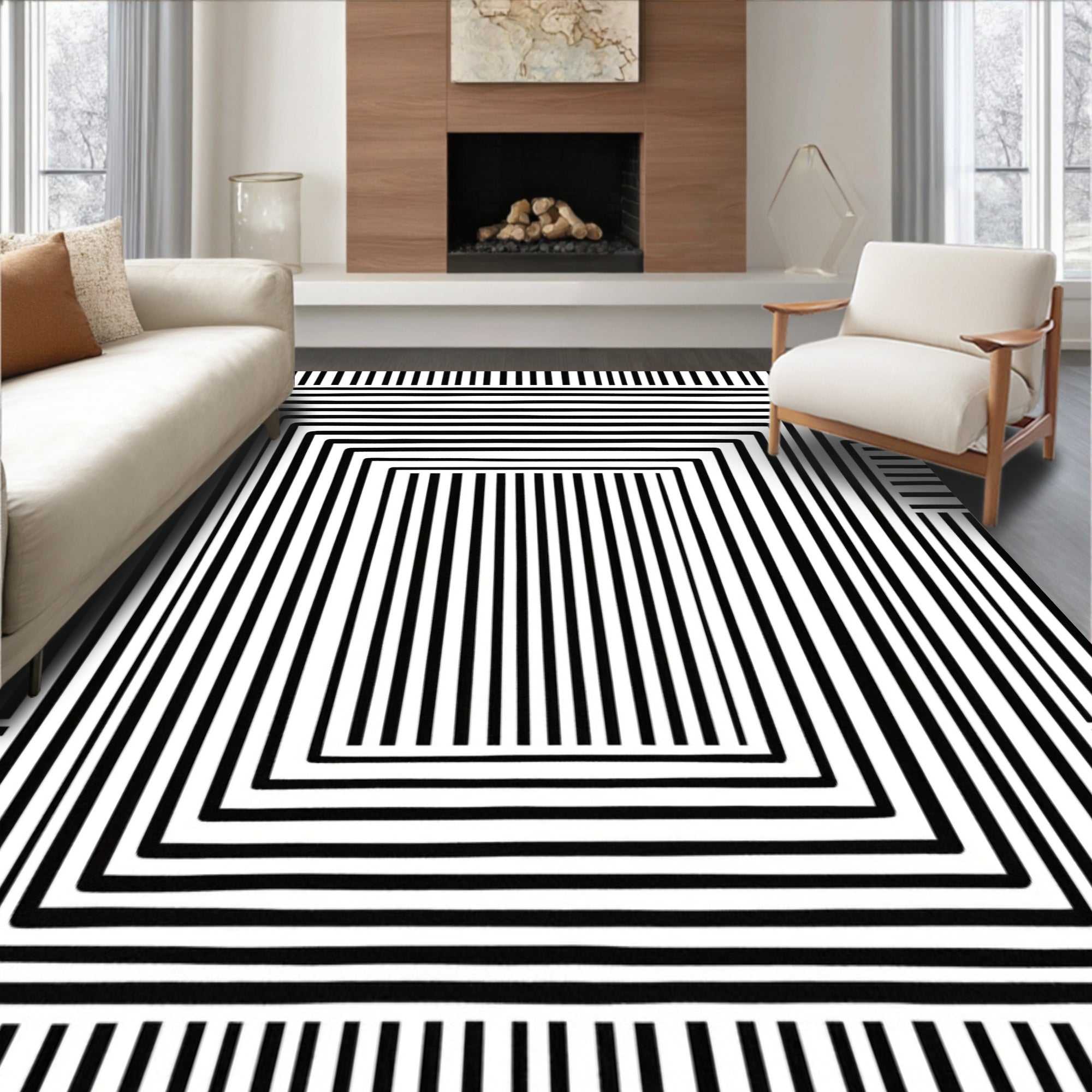 Bold Black White Layered Geometric Rug