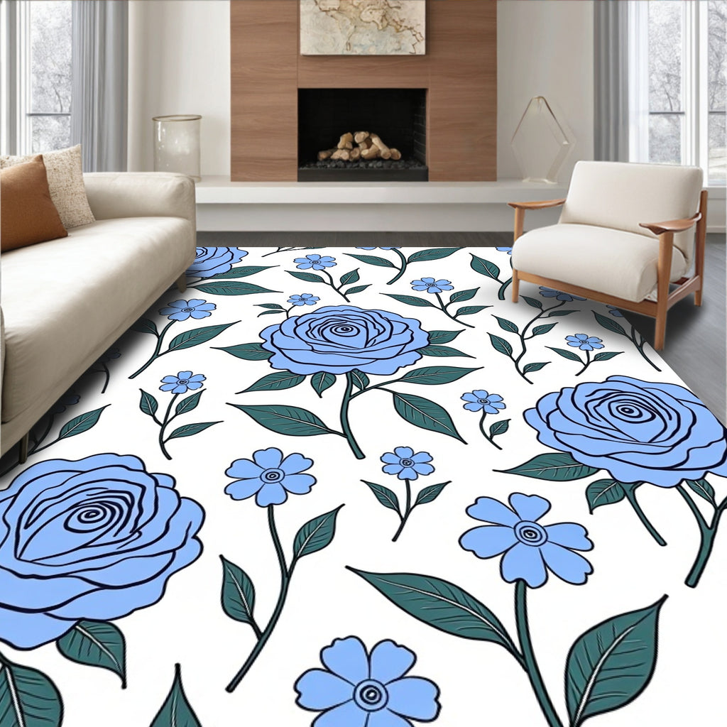 Blooming Blue Floral Outline Pattern Rug