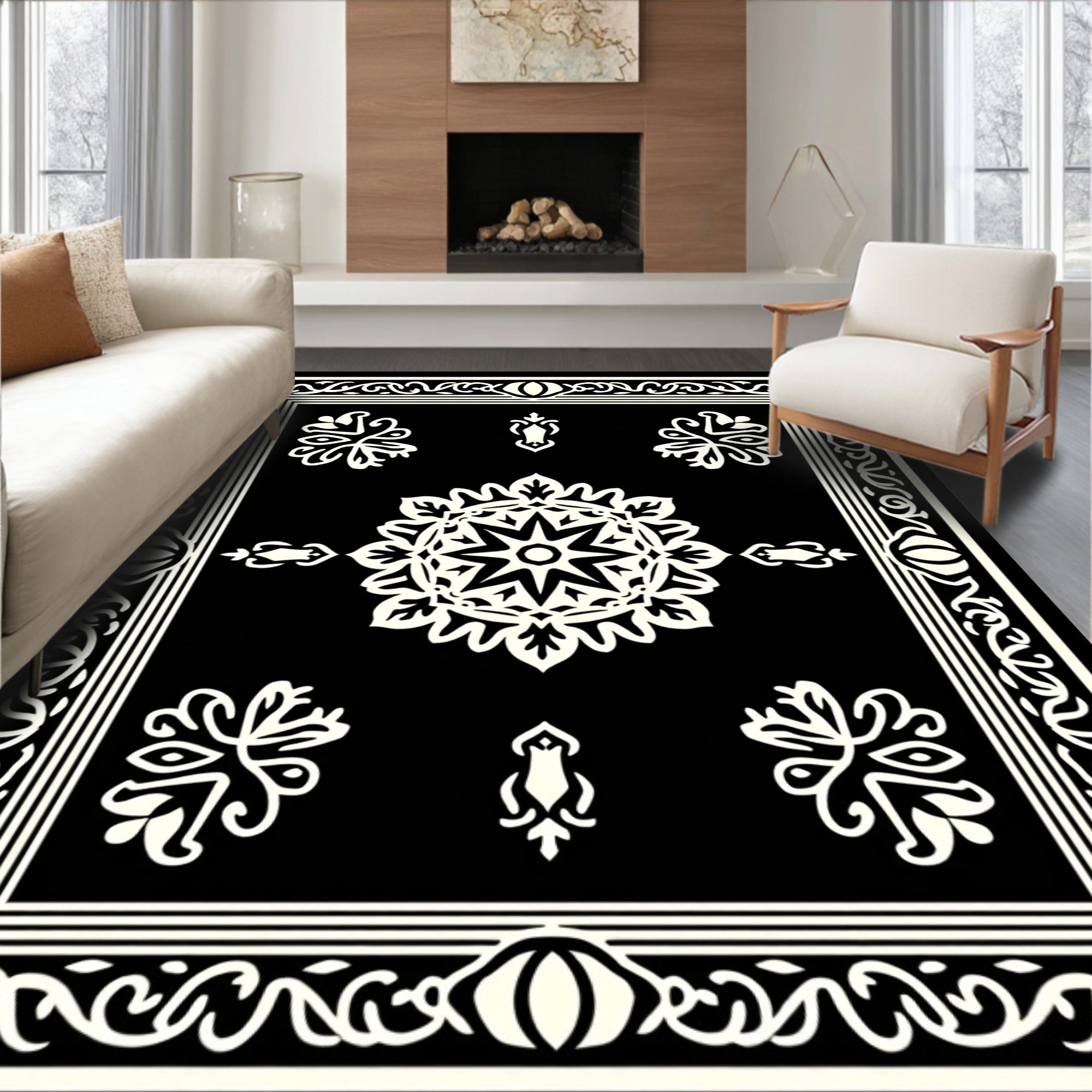 Classic Black White Mandala Pattern Rug