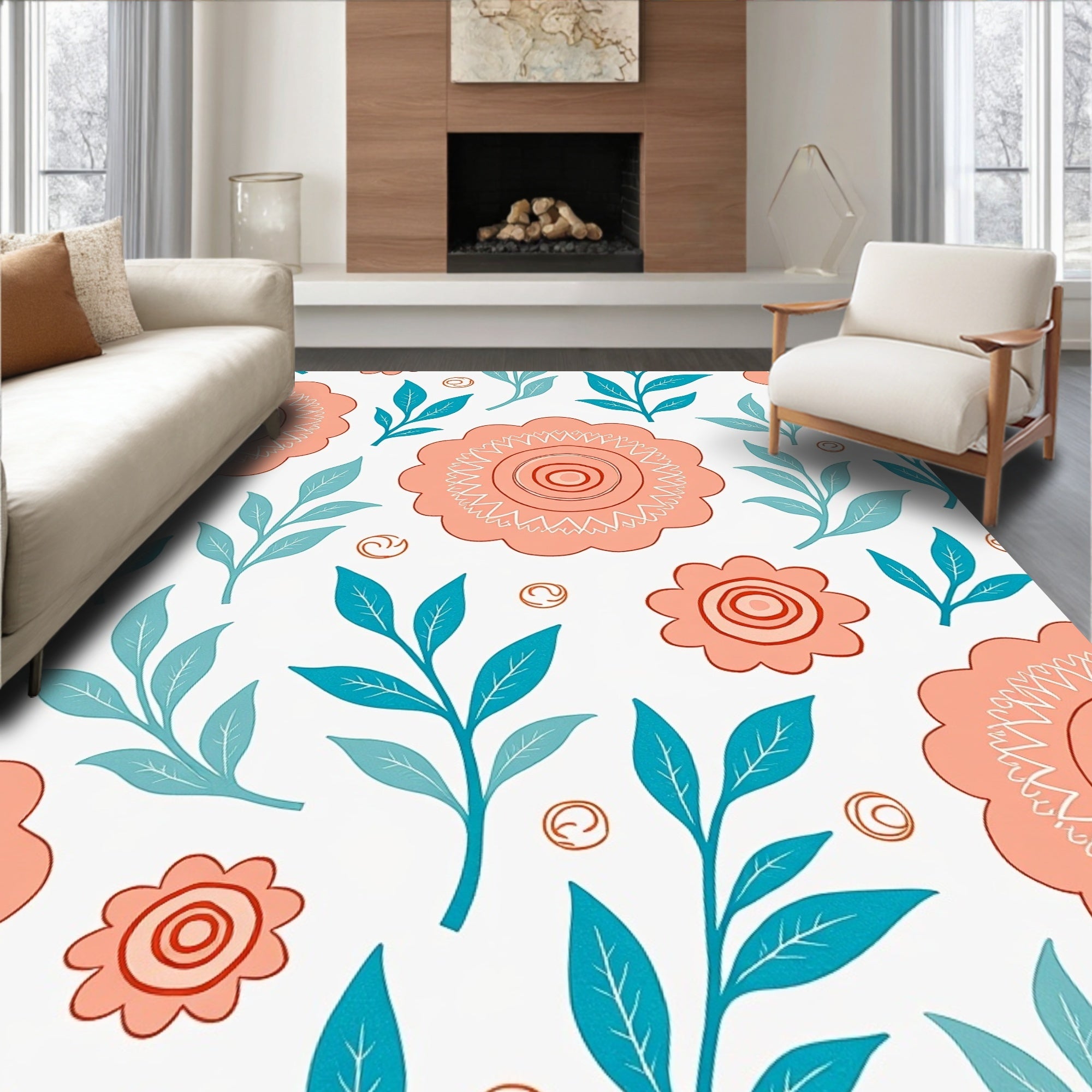 Coral Teal Floral Pattern Abstract Rug