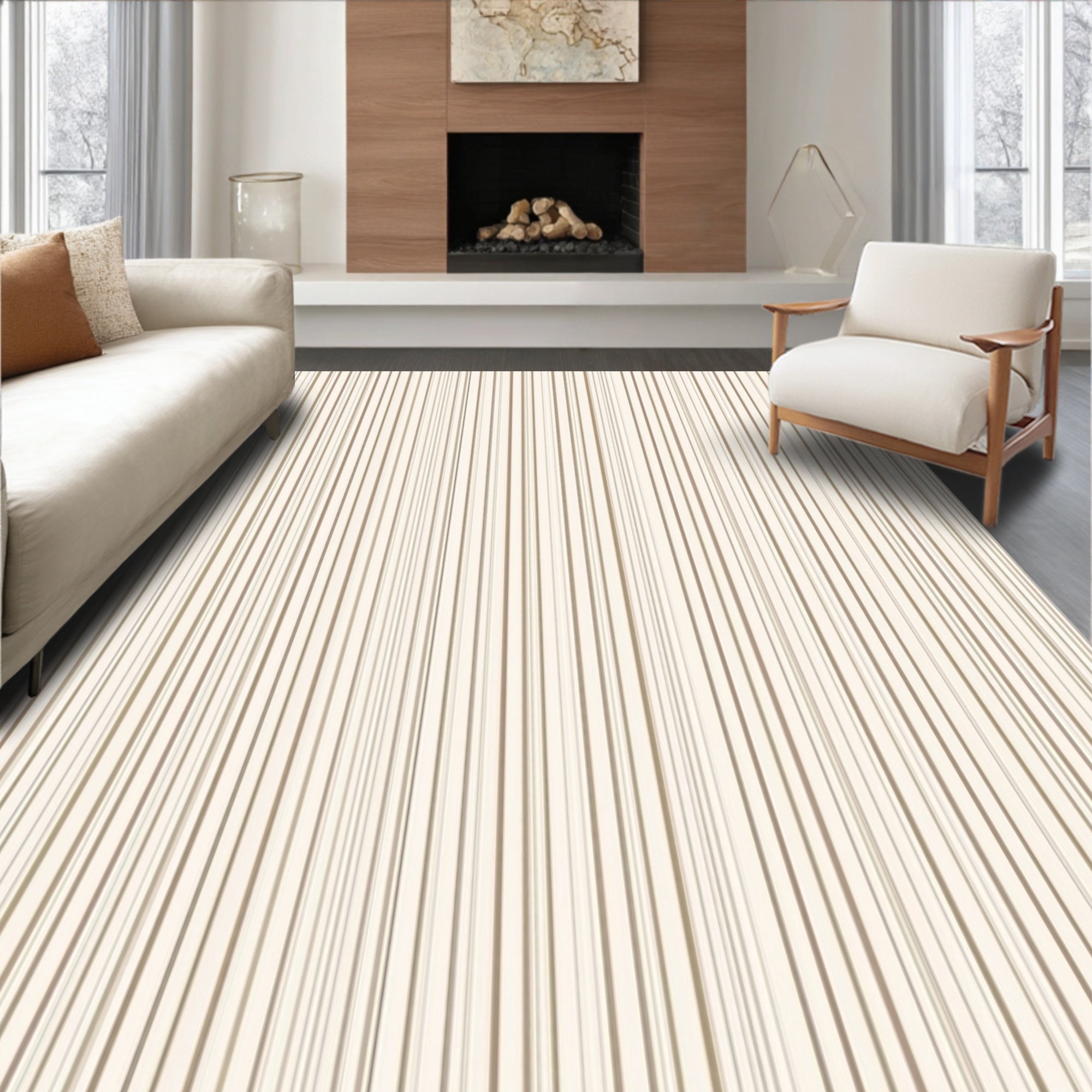 Neutral Striped Subtle Geometric Pattern Rug