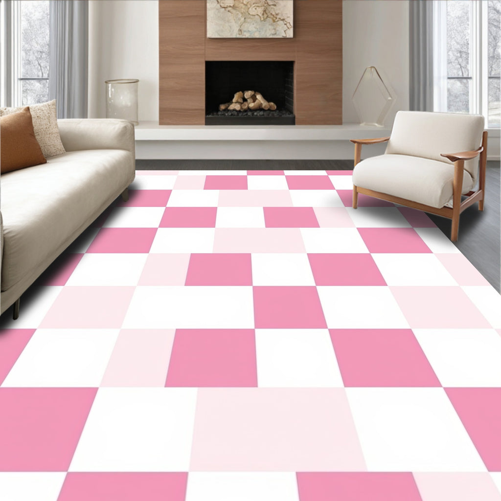 Playful Pink White Checkered Pattern Rug