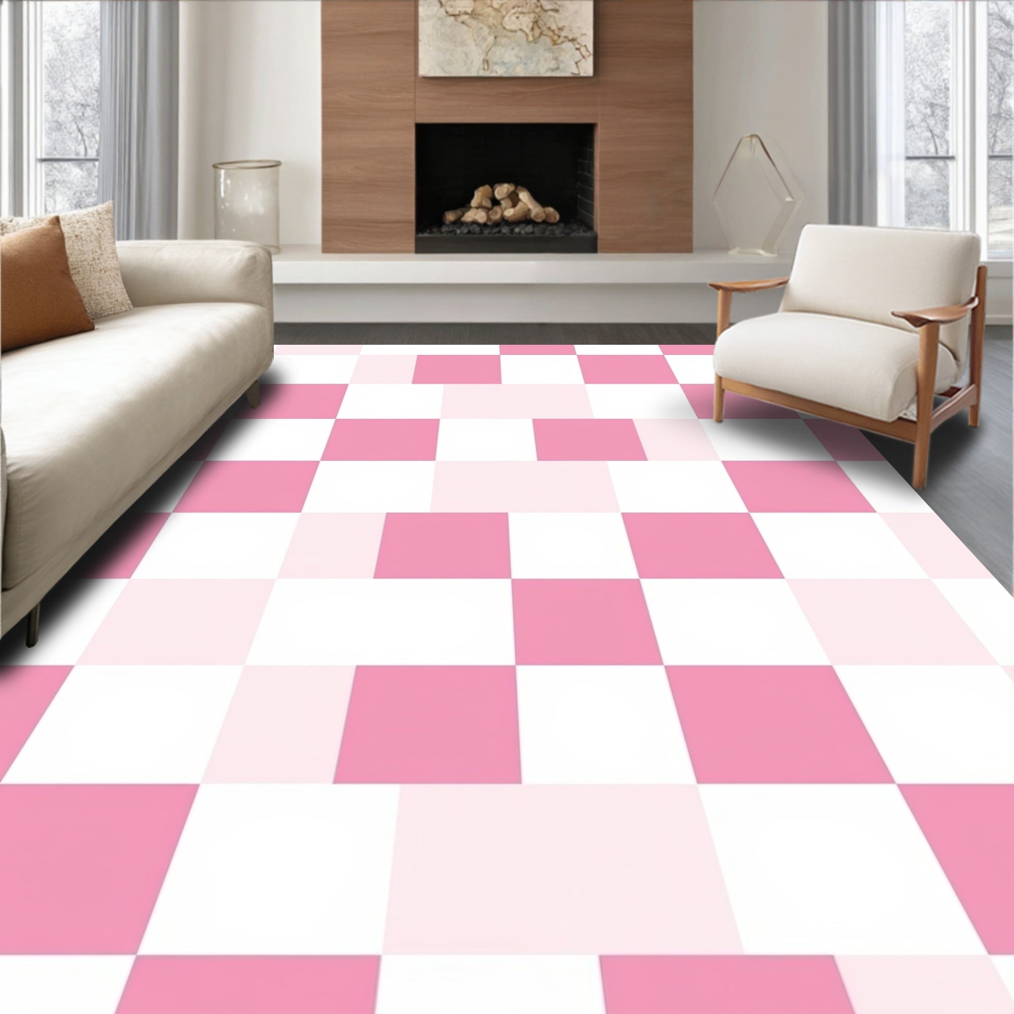 Playful Pink White Checkered Pattern Rug