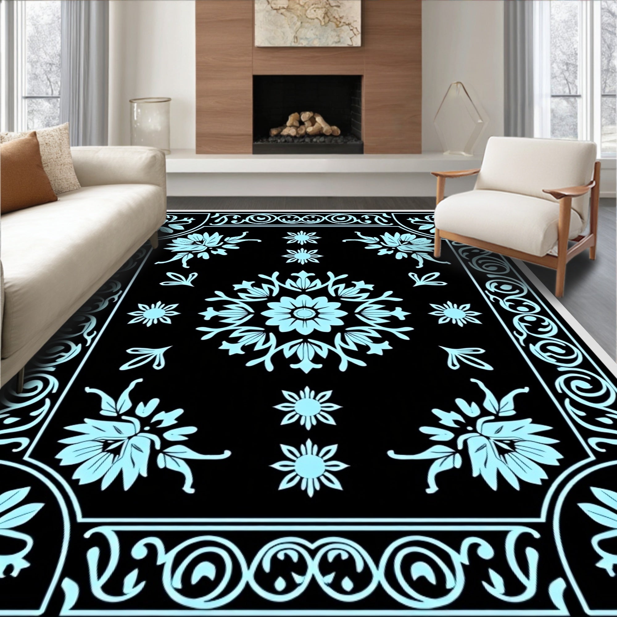 Classic Floral Medallion Light Blue Rug