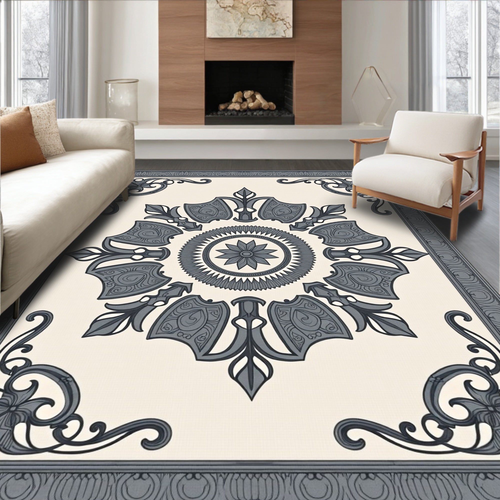 Classic Floral Medallion Grey Pattern Rug