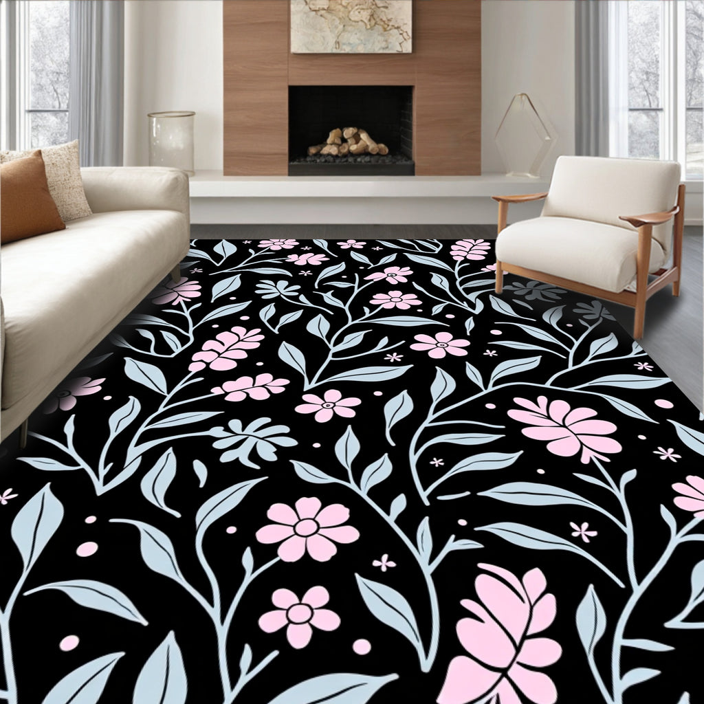 Pink Floral Vines Pattern Rug