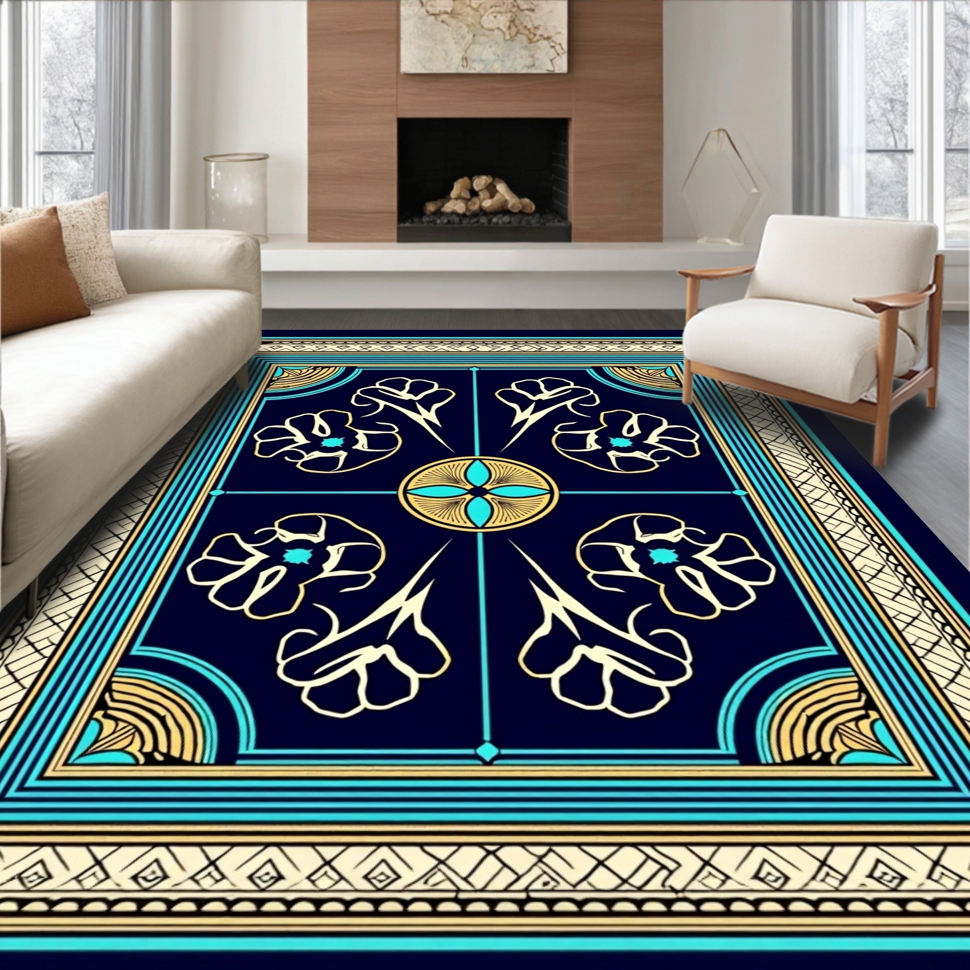 Classic Floral Geometric Patterned Rug