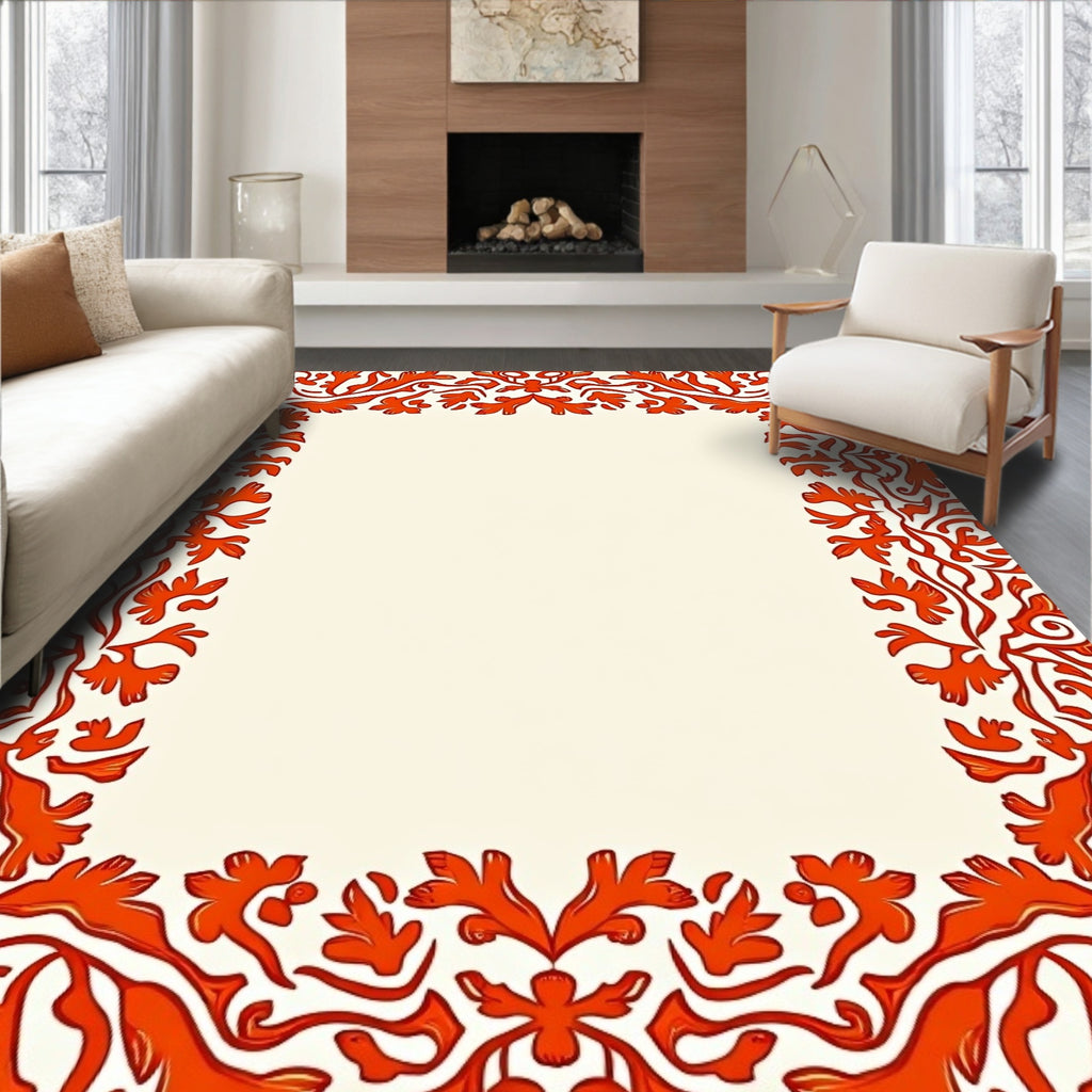 Bold Orange Floral Vine Frame Design Rug