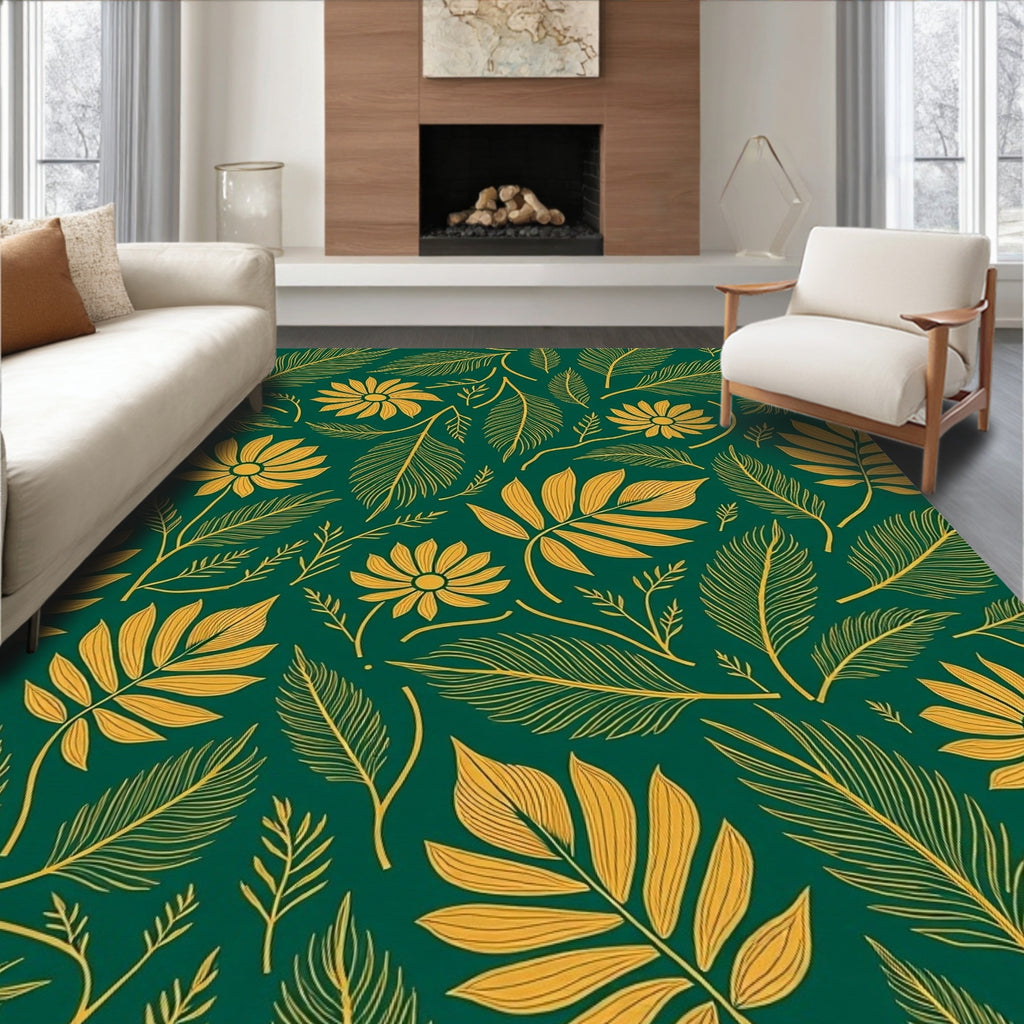 Emerald Green Gold Floral Leaf Pattern Rug