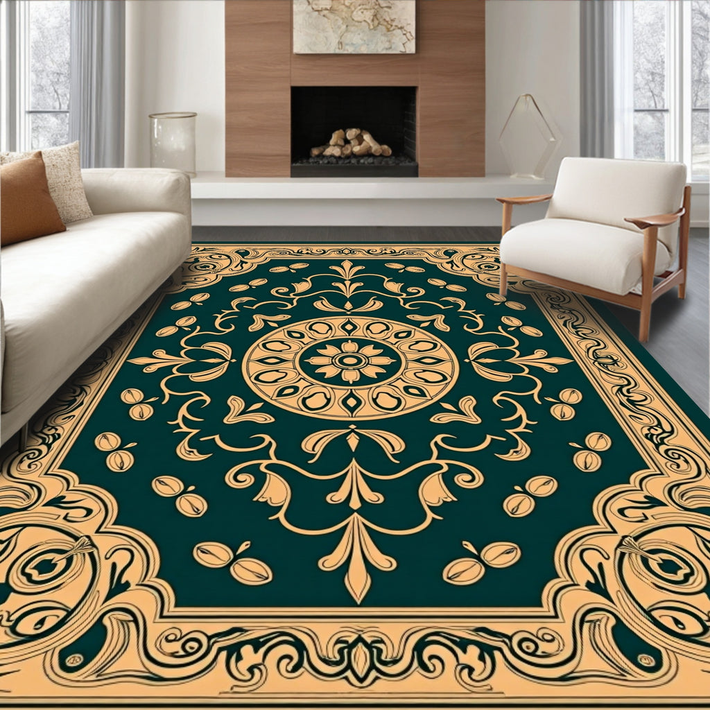 Ornate Teal Gold Floral Mandala Rug