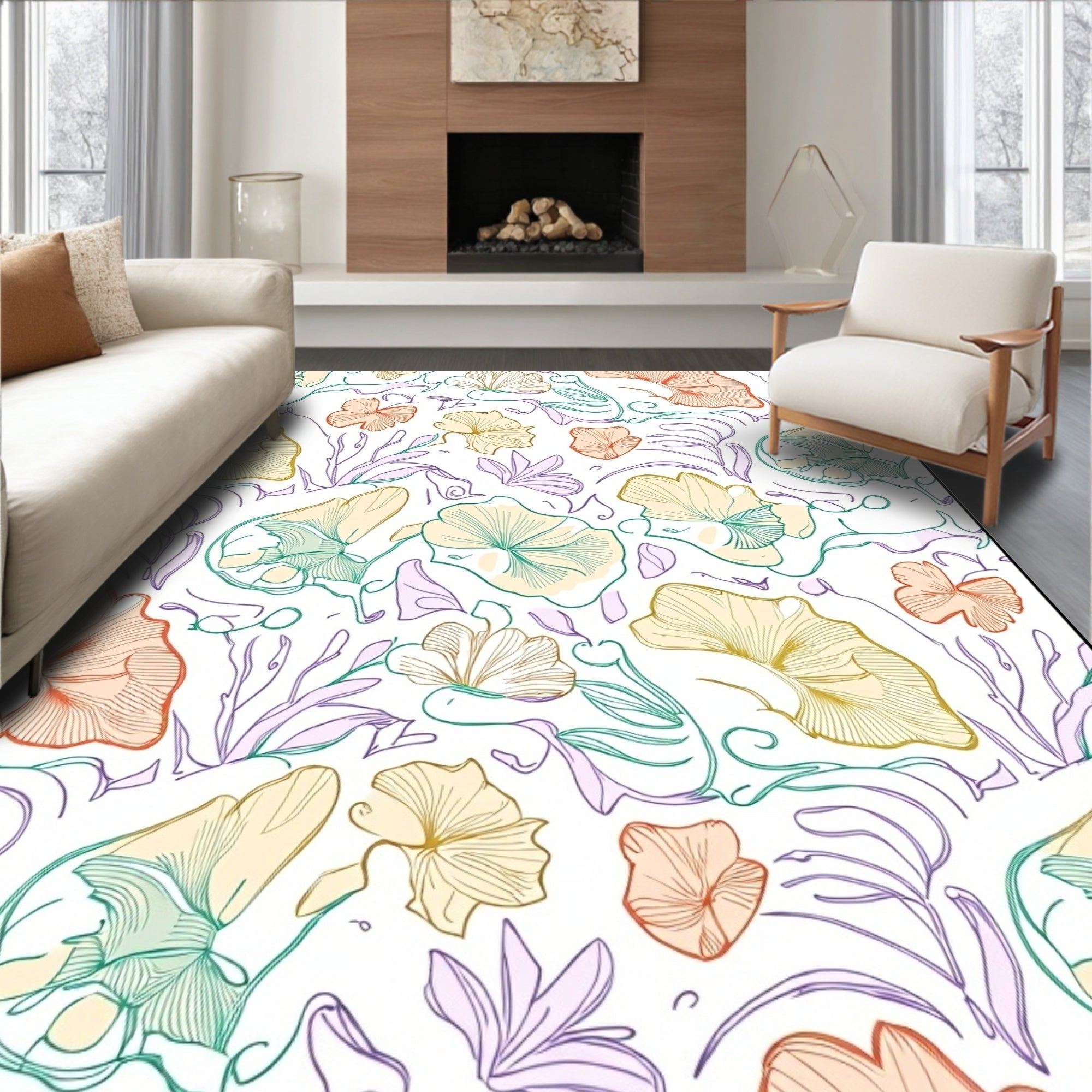 Whimsical Floral Outline Art Rug