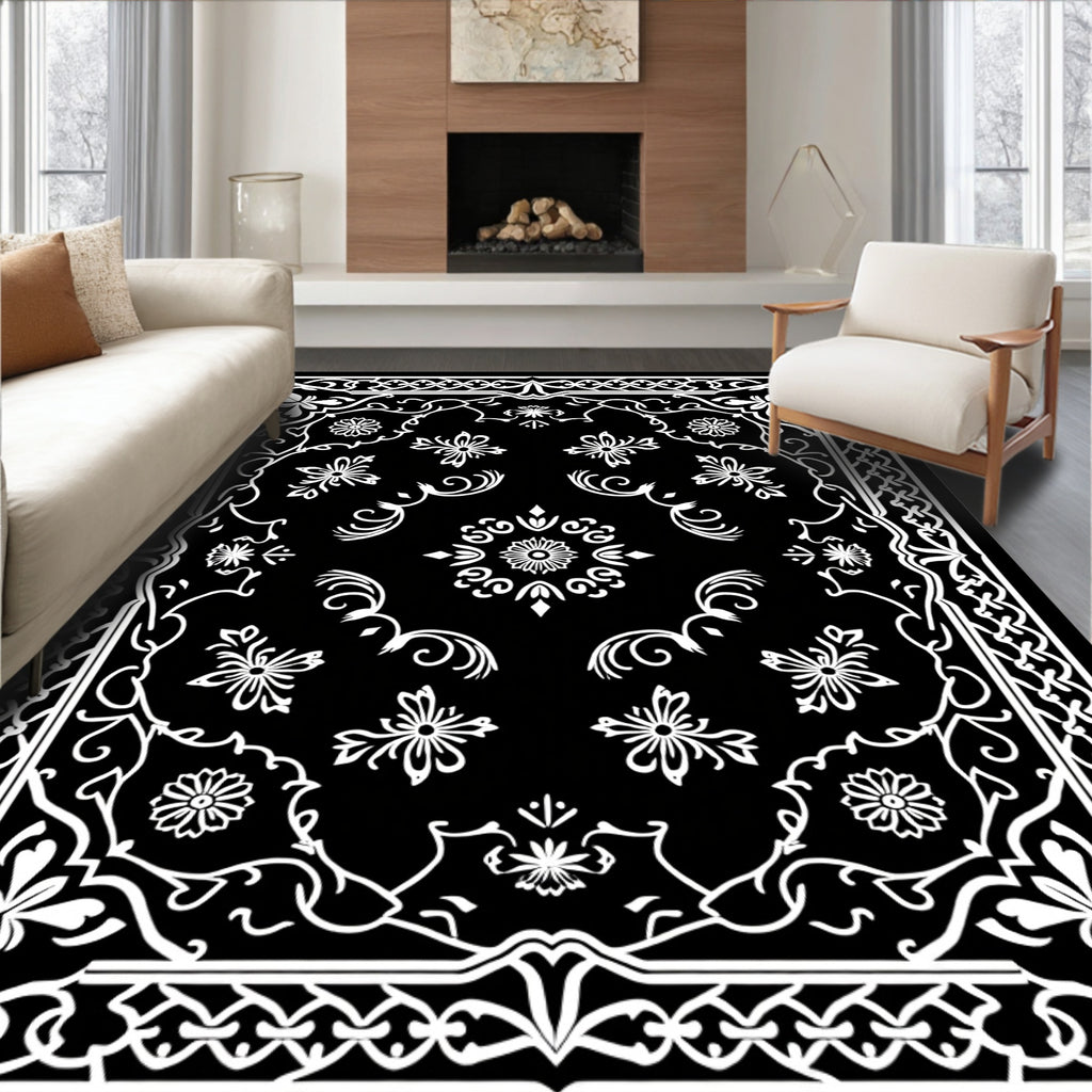 Elegant Black and White Floral Medallion Design Rug