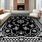 Elegant Black and White Floral Medallion Design Rug