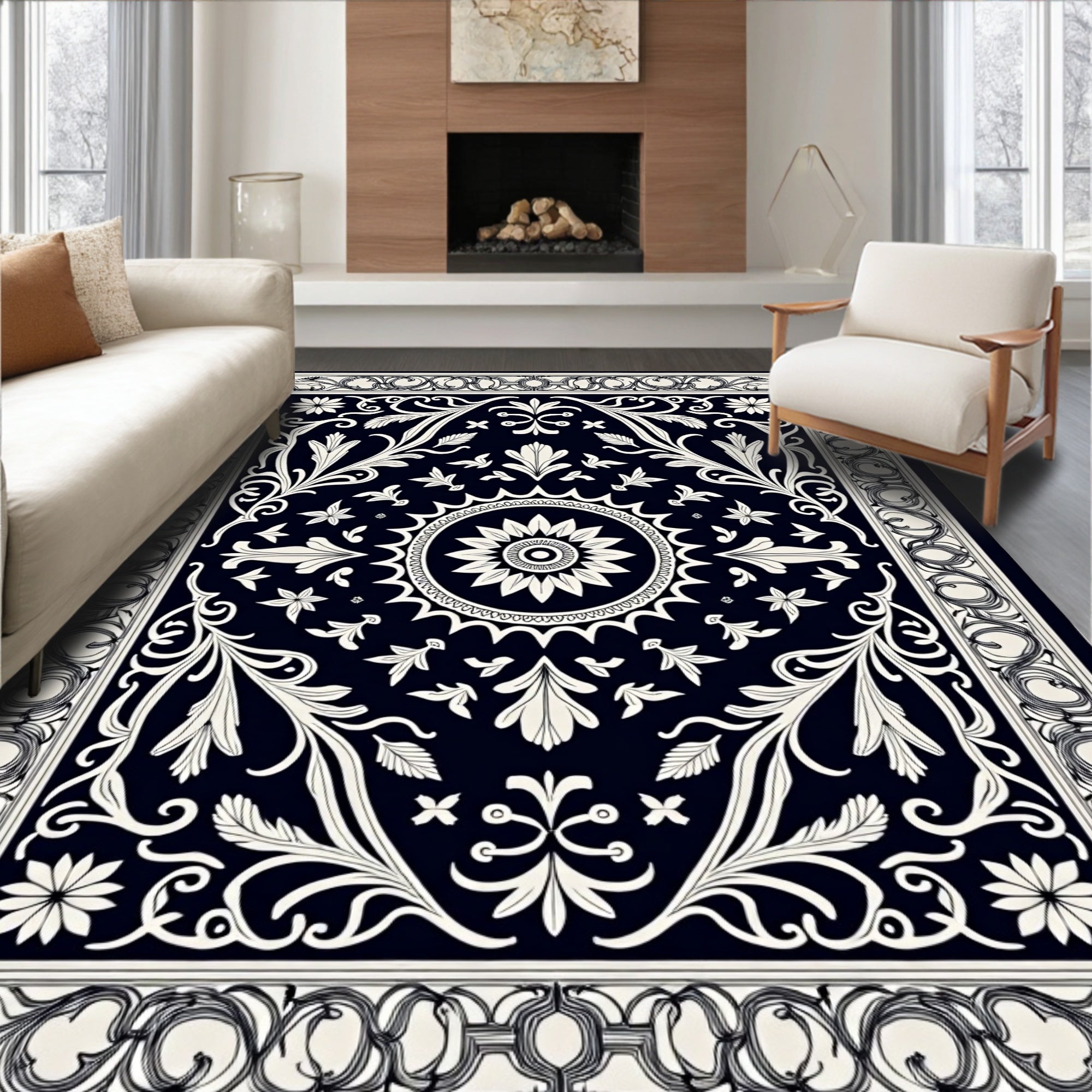 Classic Black White Floral Pattern Rug
