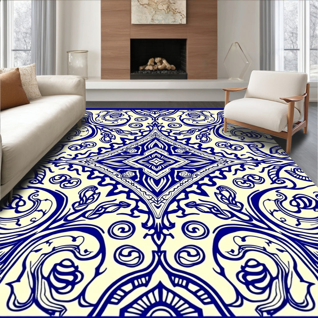 Classic Blue Floral Motif Pattern Rug