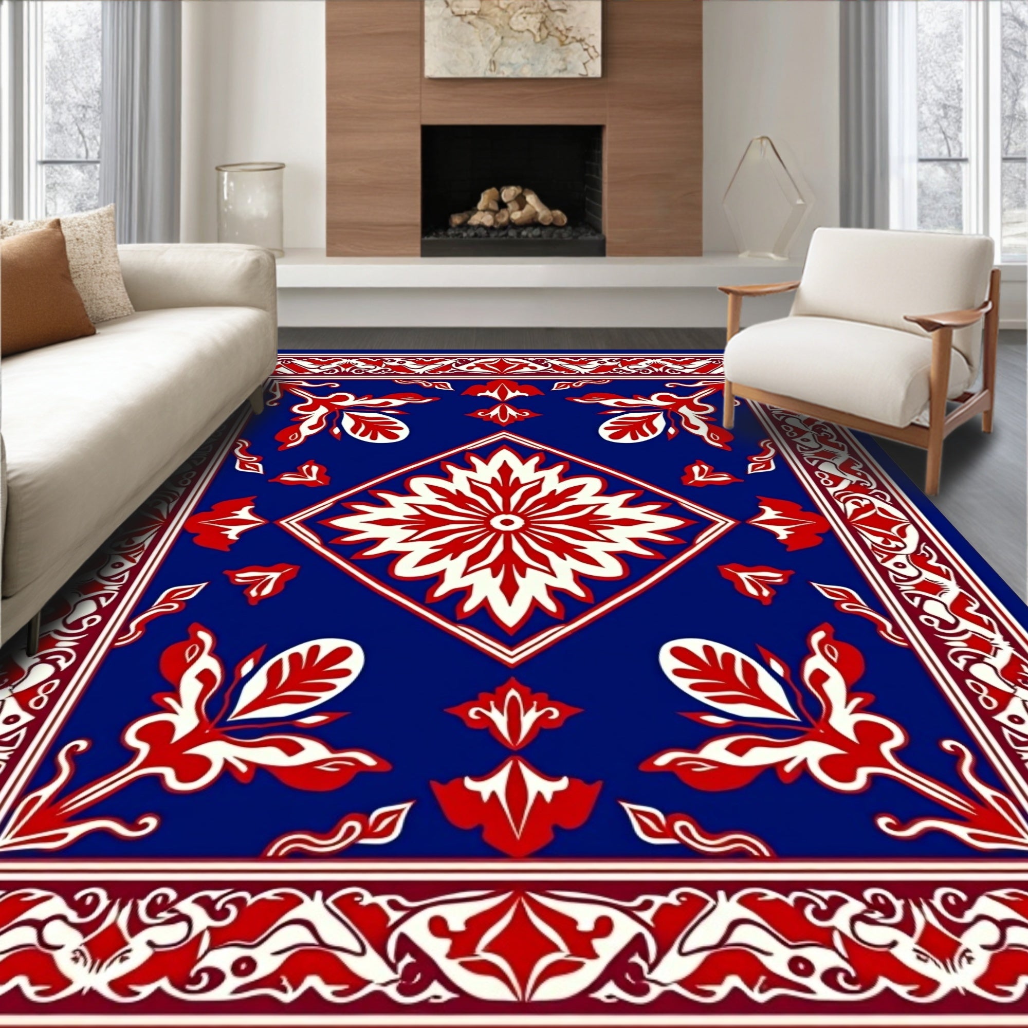 Bold Red White Floral Medallion Rug