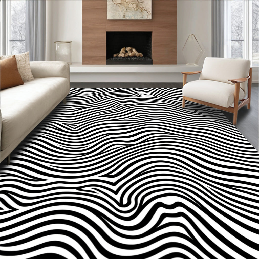 Bold Black White Wavy Pattern Rug
