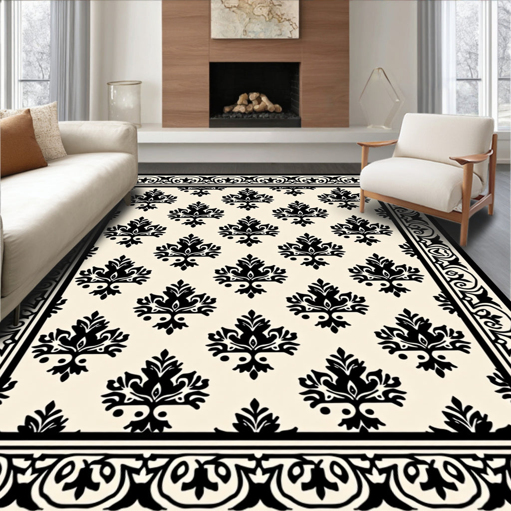 Classic Black Damask Floral Design Rug