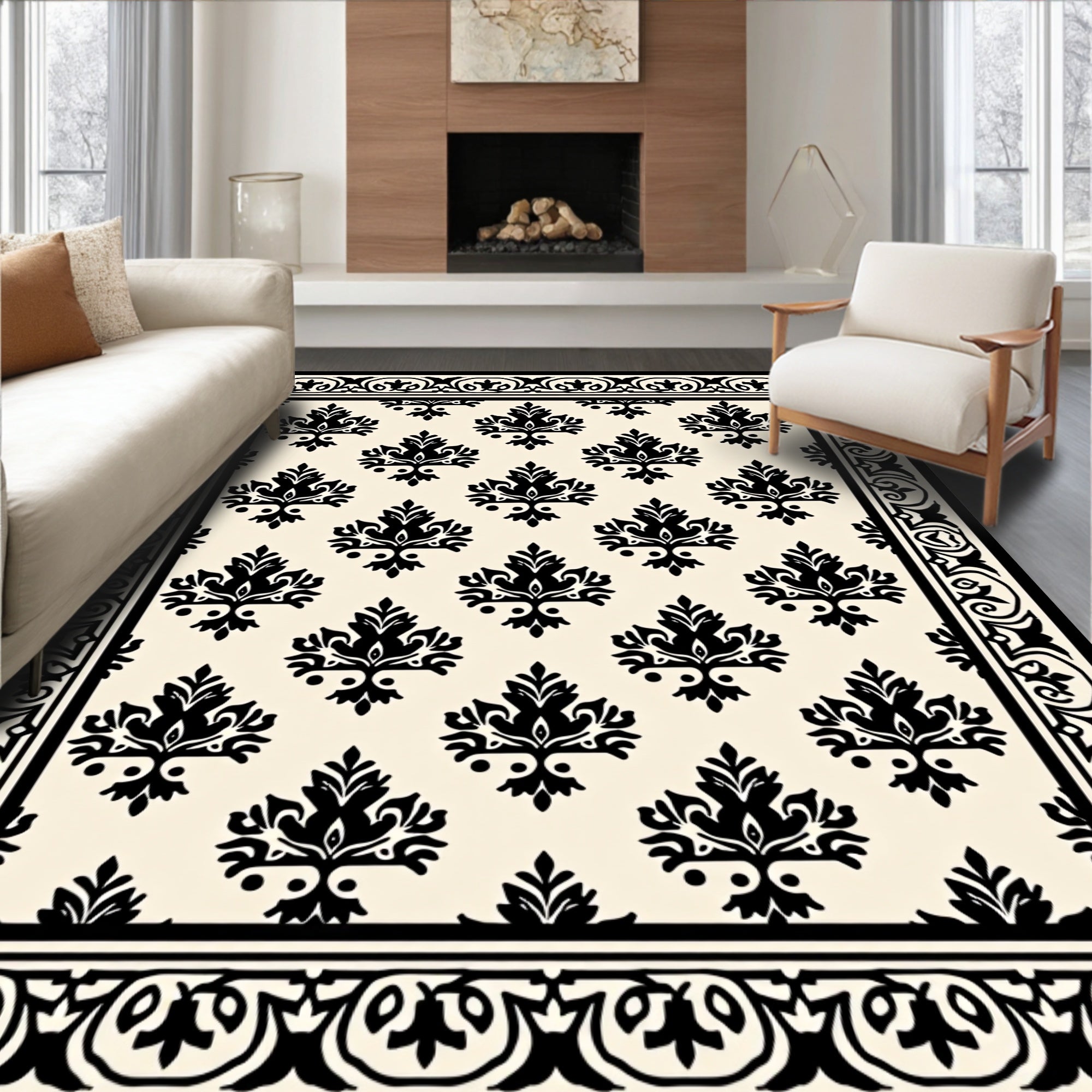 Classic Black Damask Floral Design Rug
