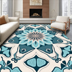 Marine Blue Geometric Flower Pattern Rug