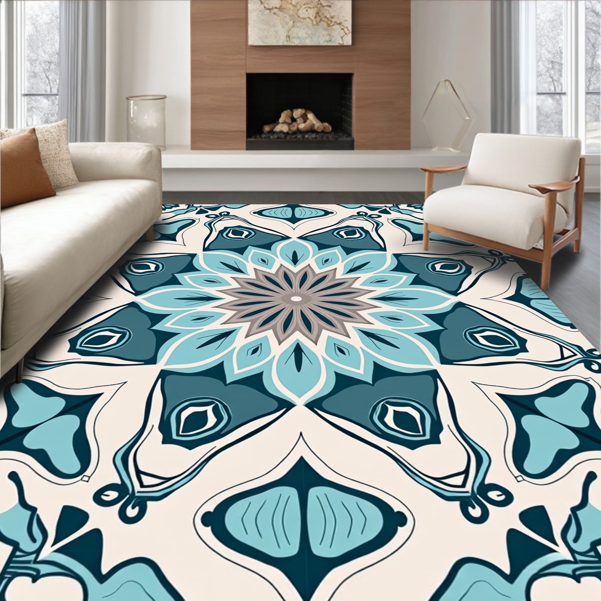 Marine Blue Geometric Flower Pattern Rug