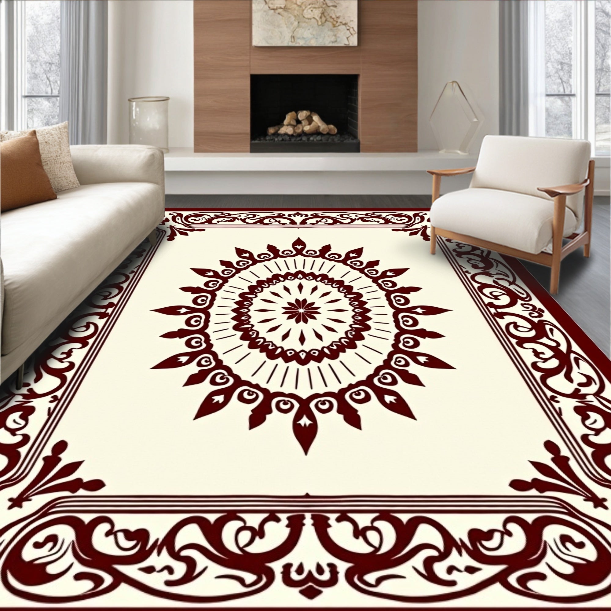 Classic Burgundy Medallion Floral Pattern Rug
