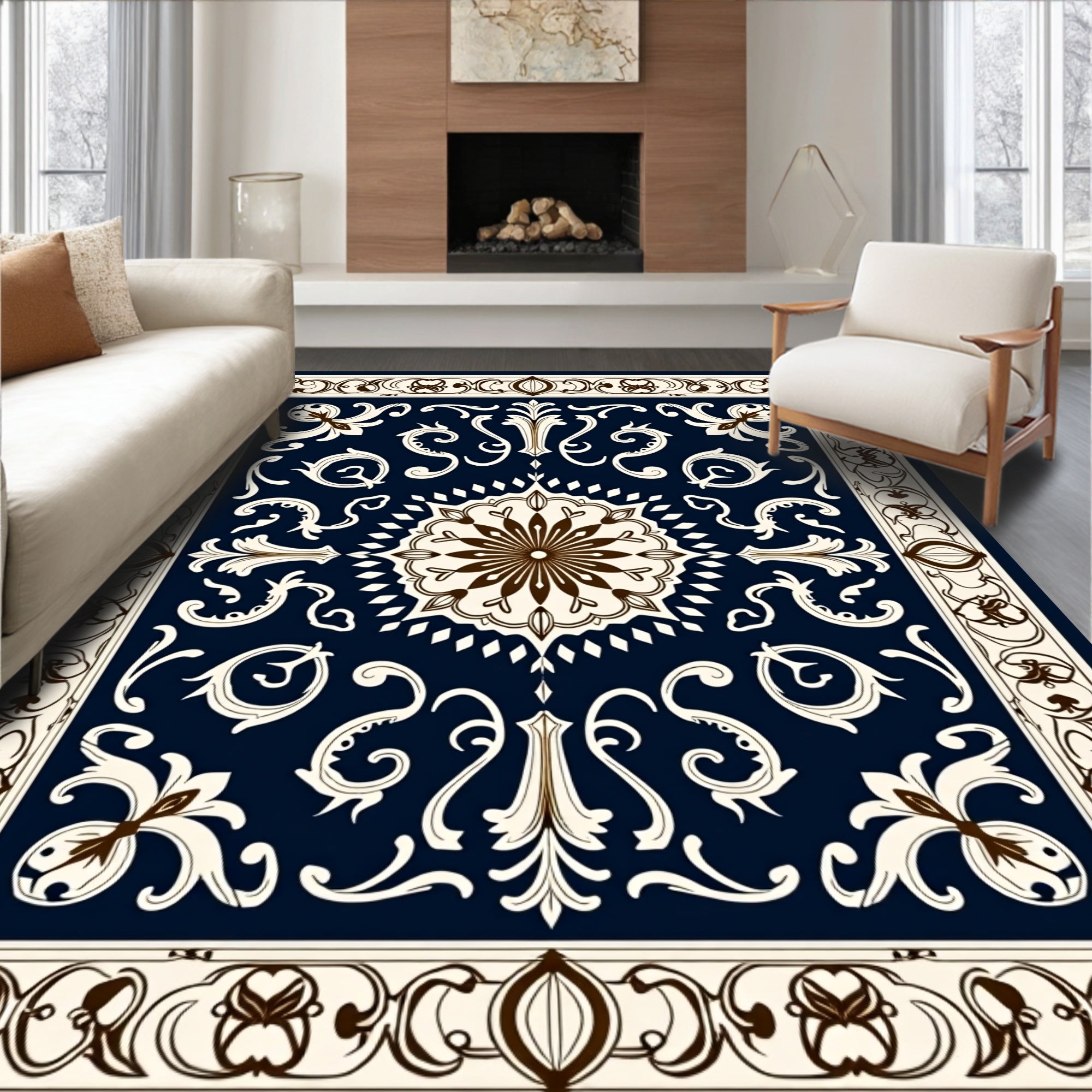 Ornate Floral Medallion Dark Blue Runner Rug