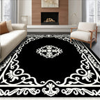 Black White Ornate Scroll Pattern Rug