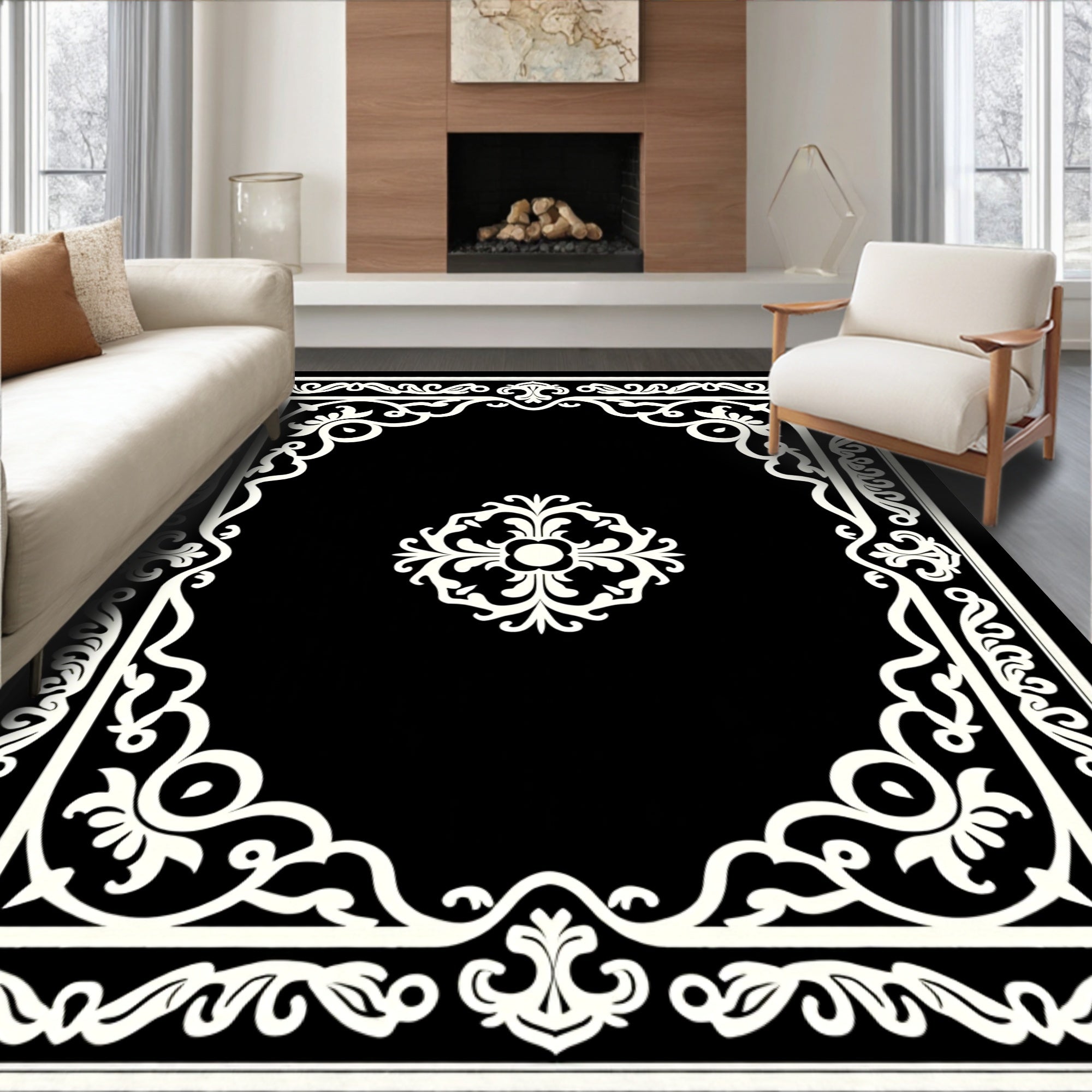 Black White Ornate Scroll Pattern Rug