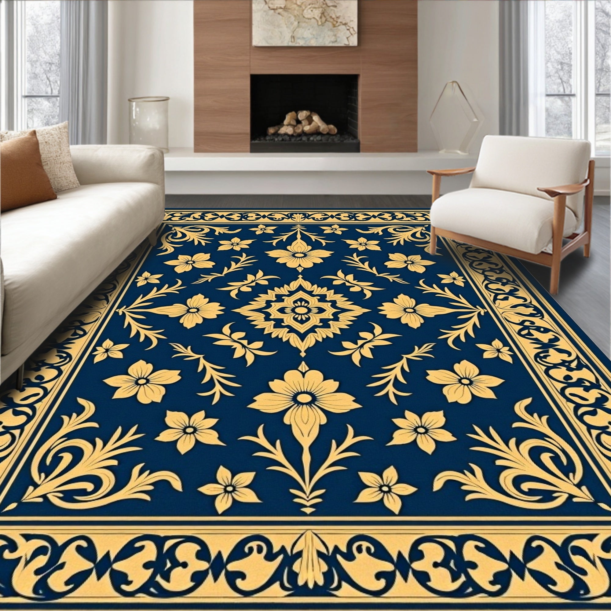 Elegant Golden Floral Patterned Navy Rug