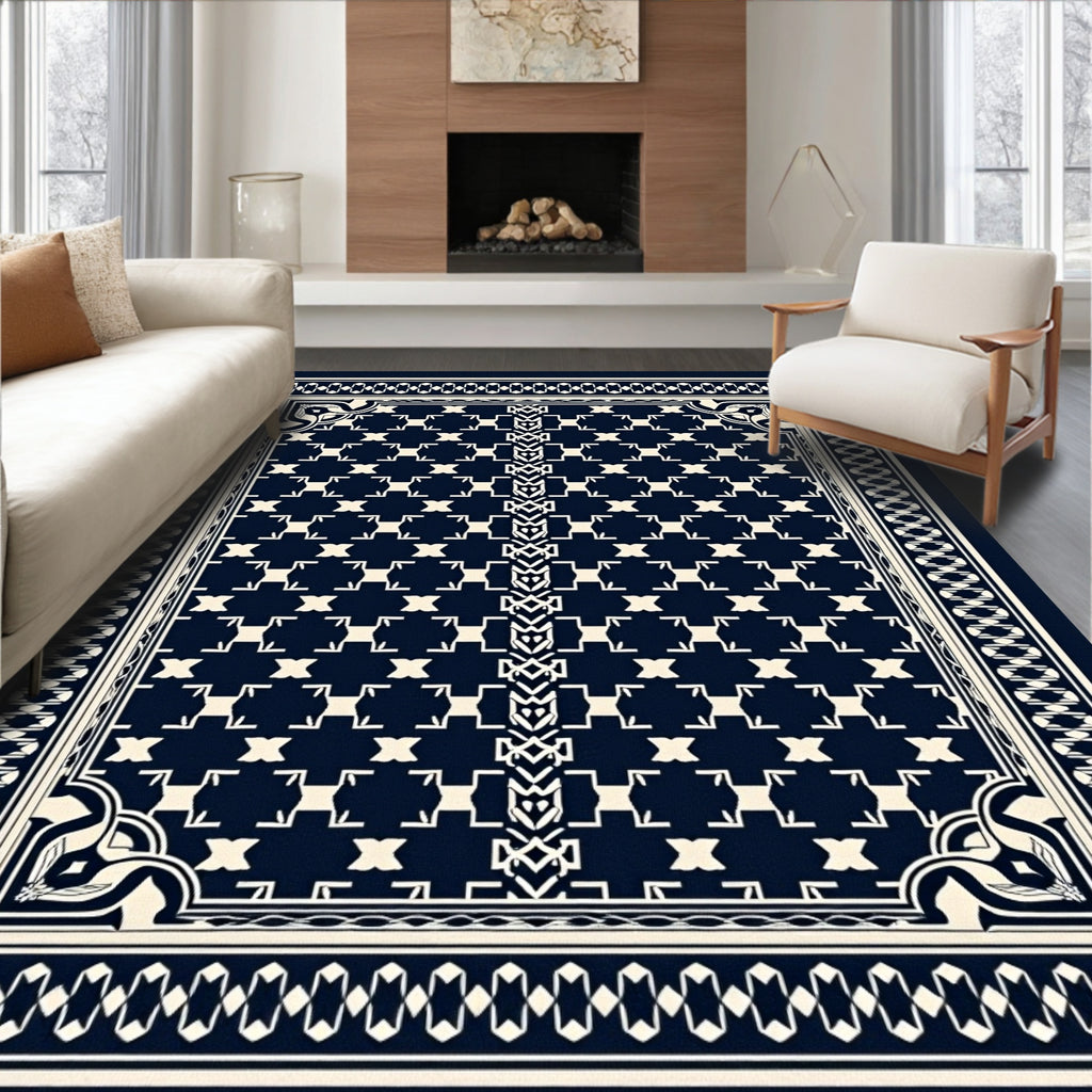 Geometric Navy Cream Medallion Pattern Rug