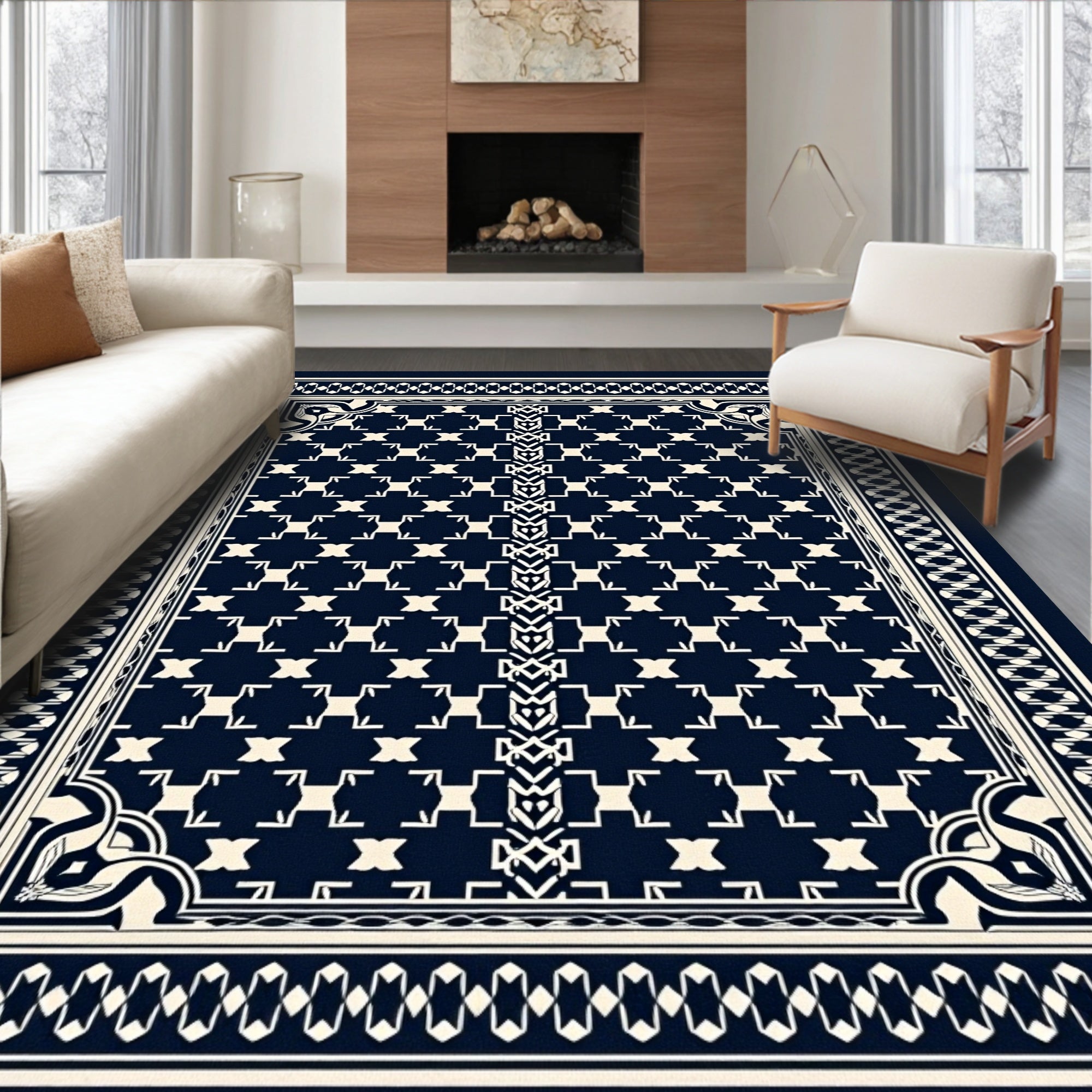 Geometric Navy Cream Medallion Pattern Rug