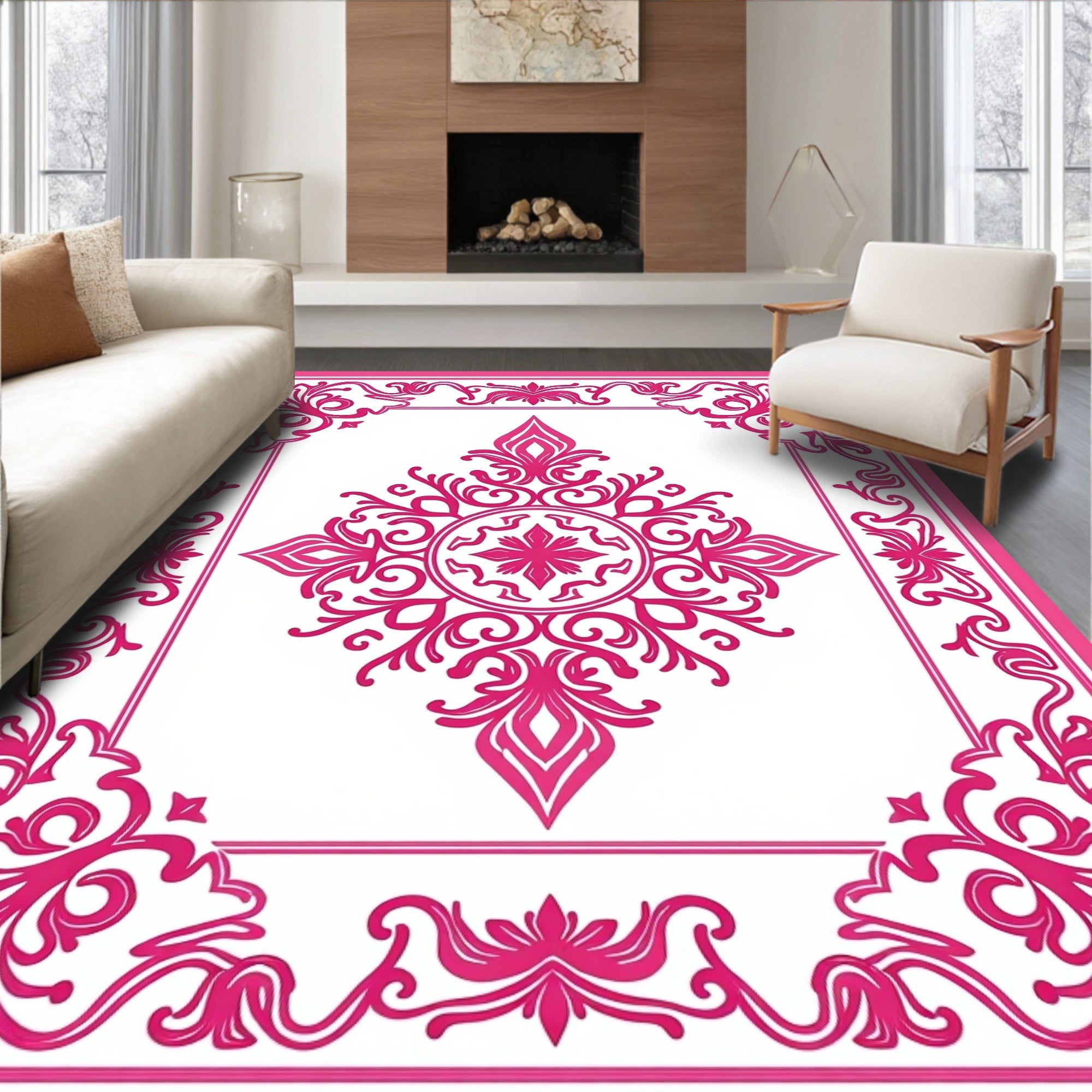 Vibrant Pink Floral Scrollwork Rug