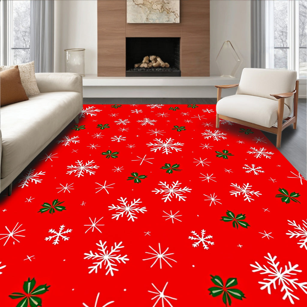 Red Snowflakes with Green Accents Rug