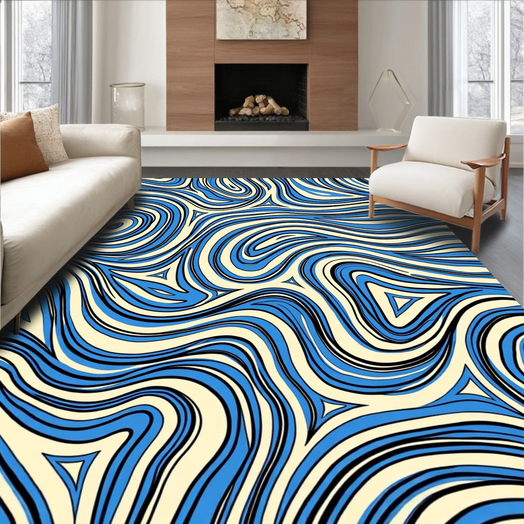 Curved Blue Cream Swirl Pattern Rug