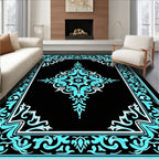 Ornate Teal With Black Floral Pattern Rug