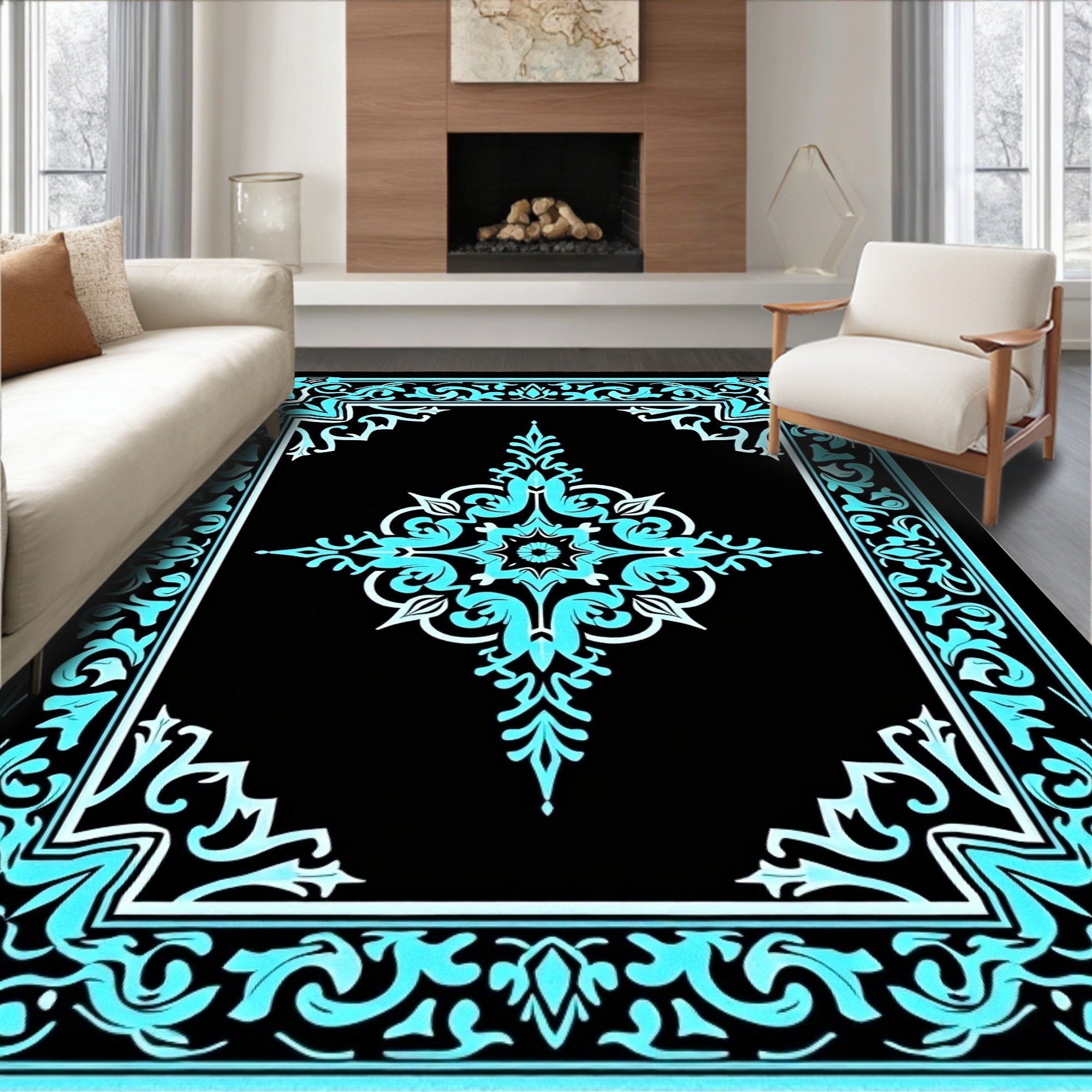 Ornate Teal With Black Floral Pattern Rug