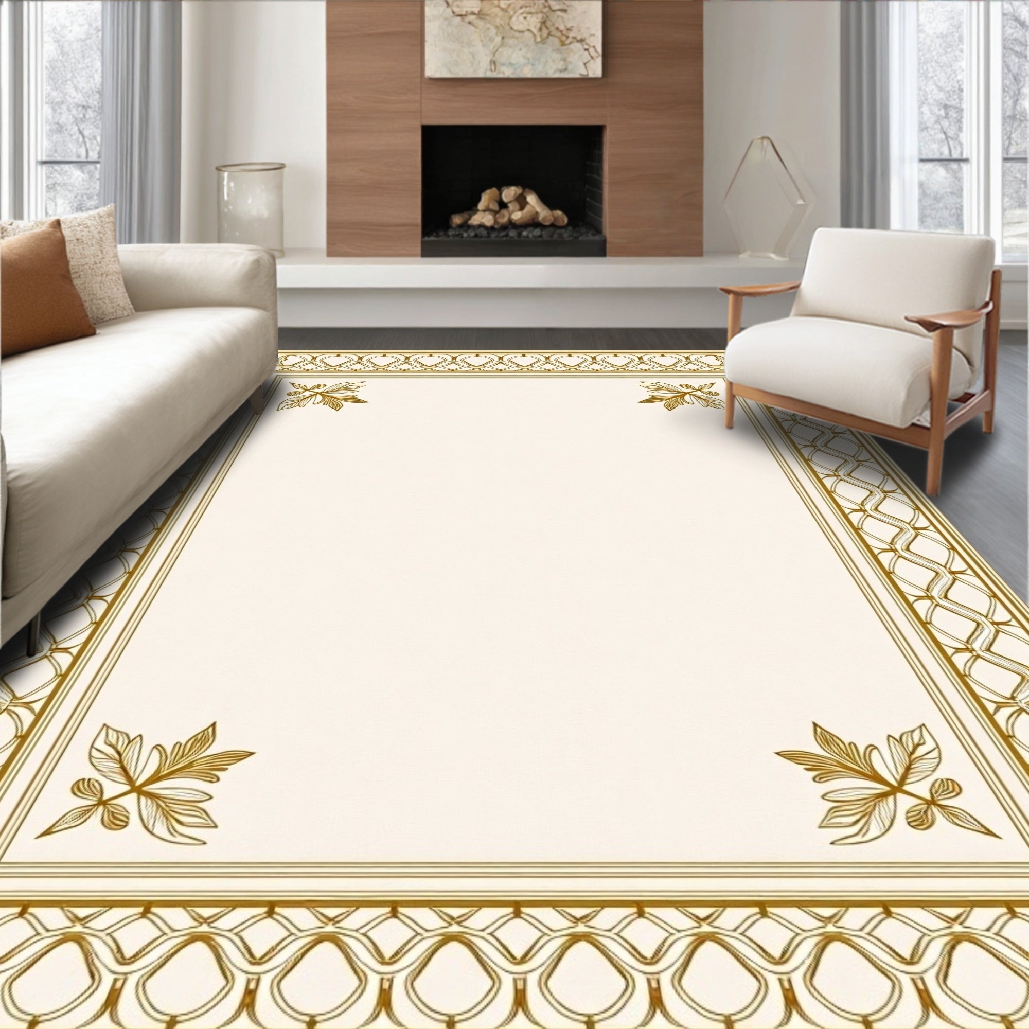Elegant Gold Leaf Scroll Frame Rug