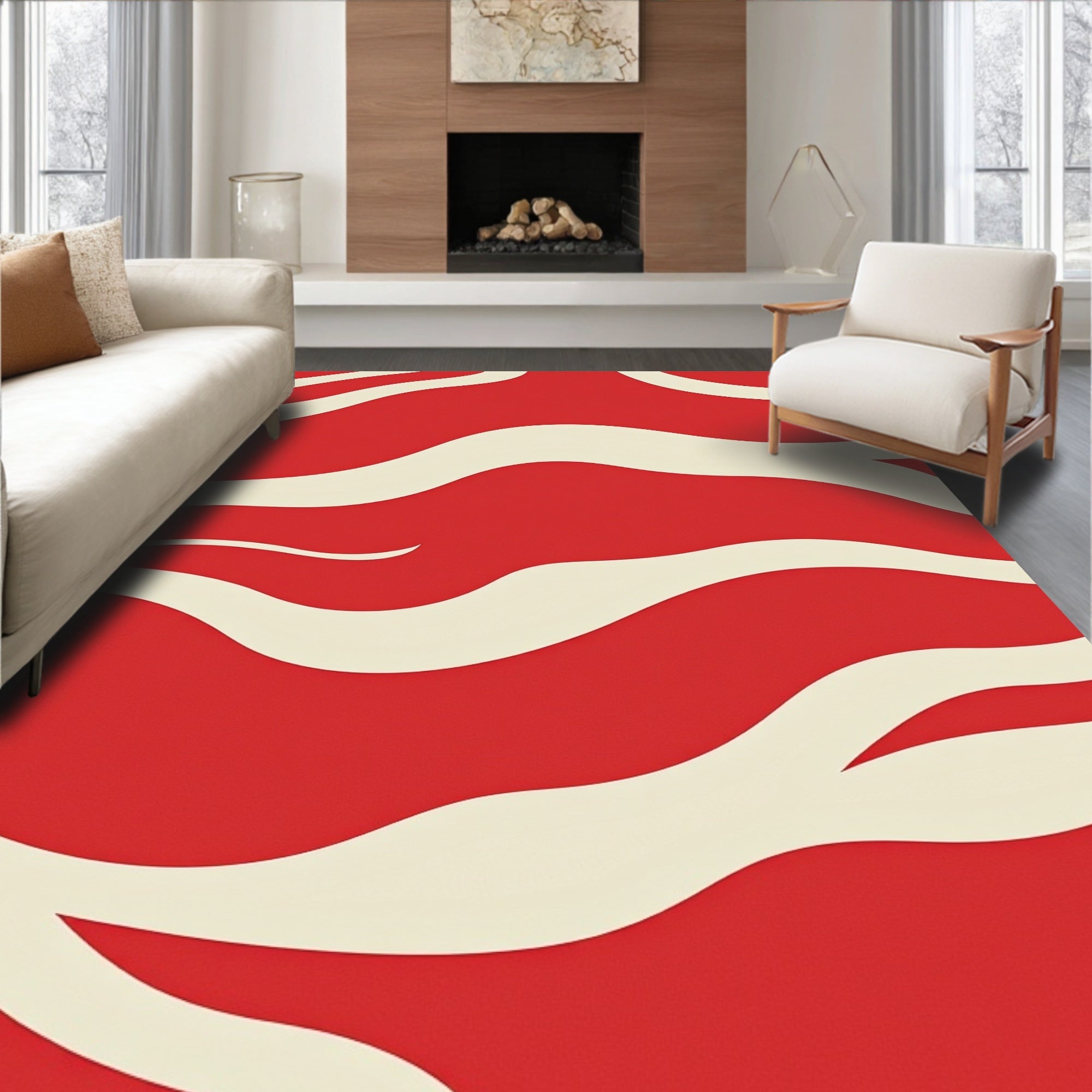 Crimson Wave Patterned Abstract Rug