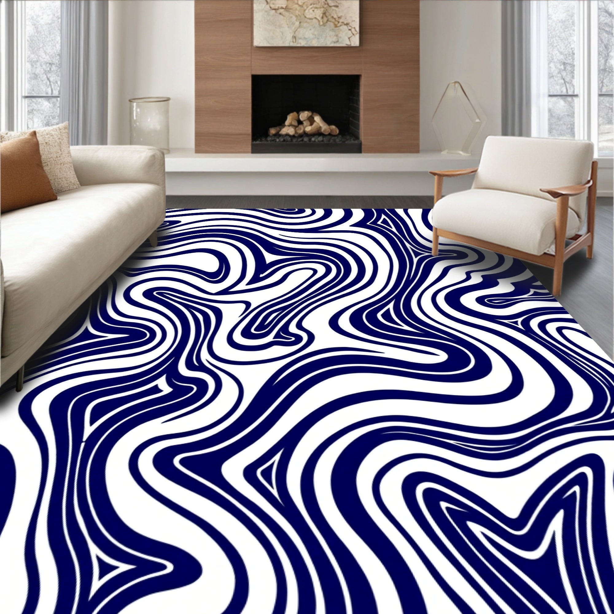 Navy Blue White Swirl Pattern Rug