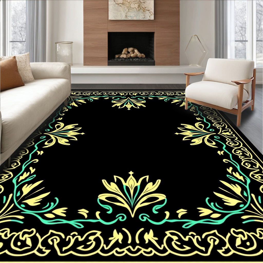 Ornate Yellow Teal Floral Border Frame Rug