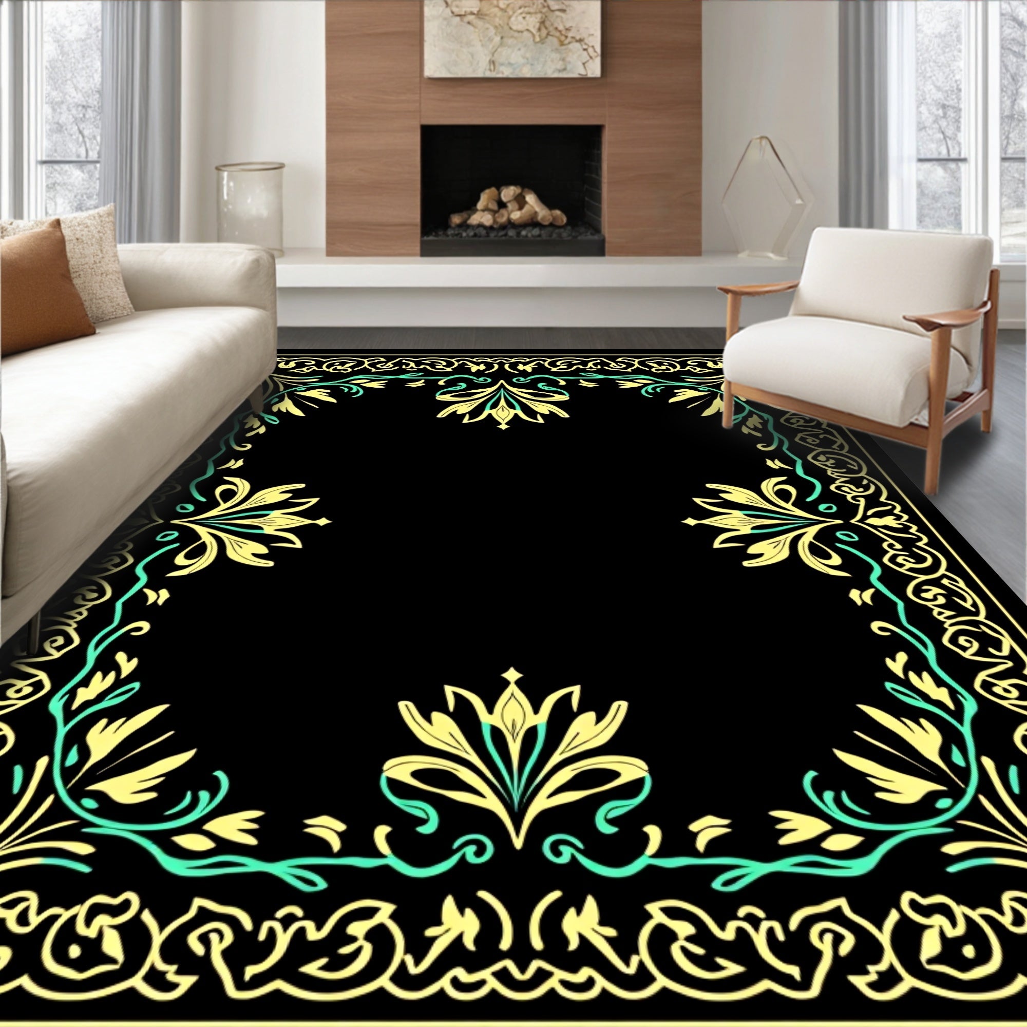 Ornate Yellow Teal Floral Border Frame Rug
