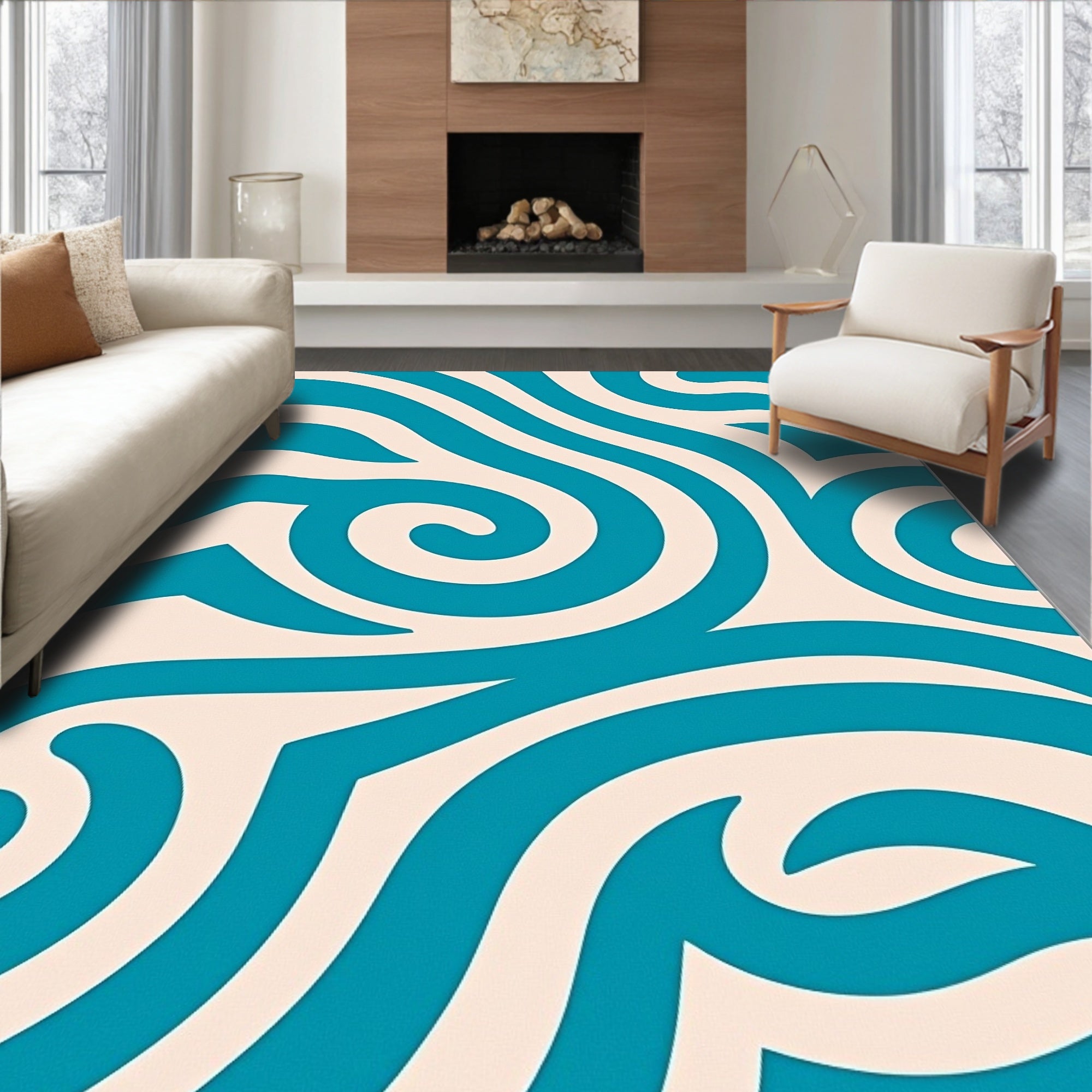 Teal and Cream Swirl Abstract Rug