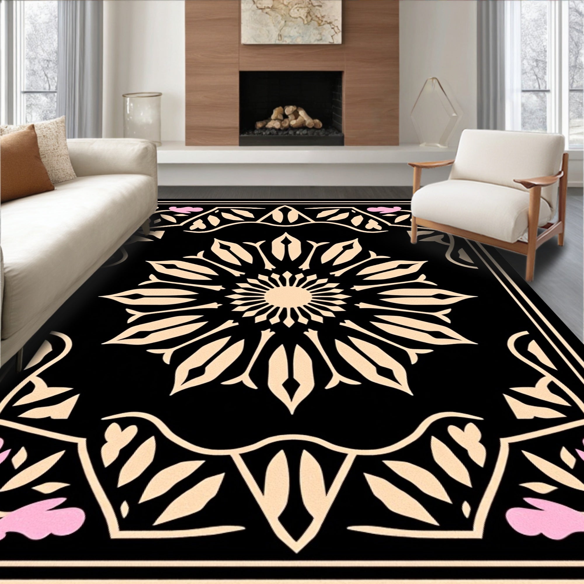 Floral Mandala Black And Blush Rug